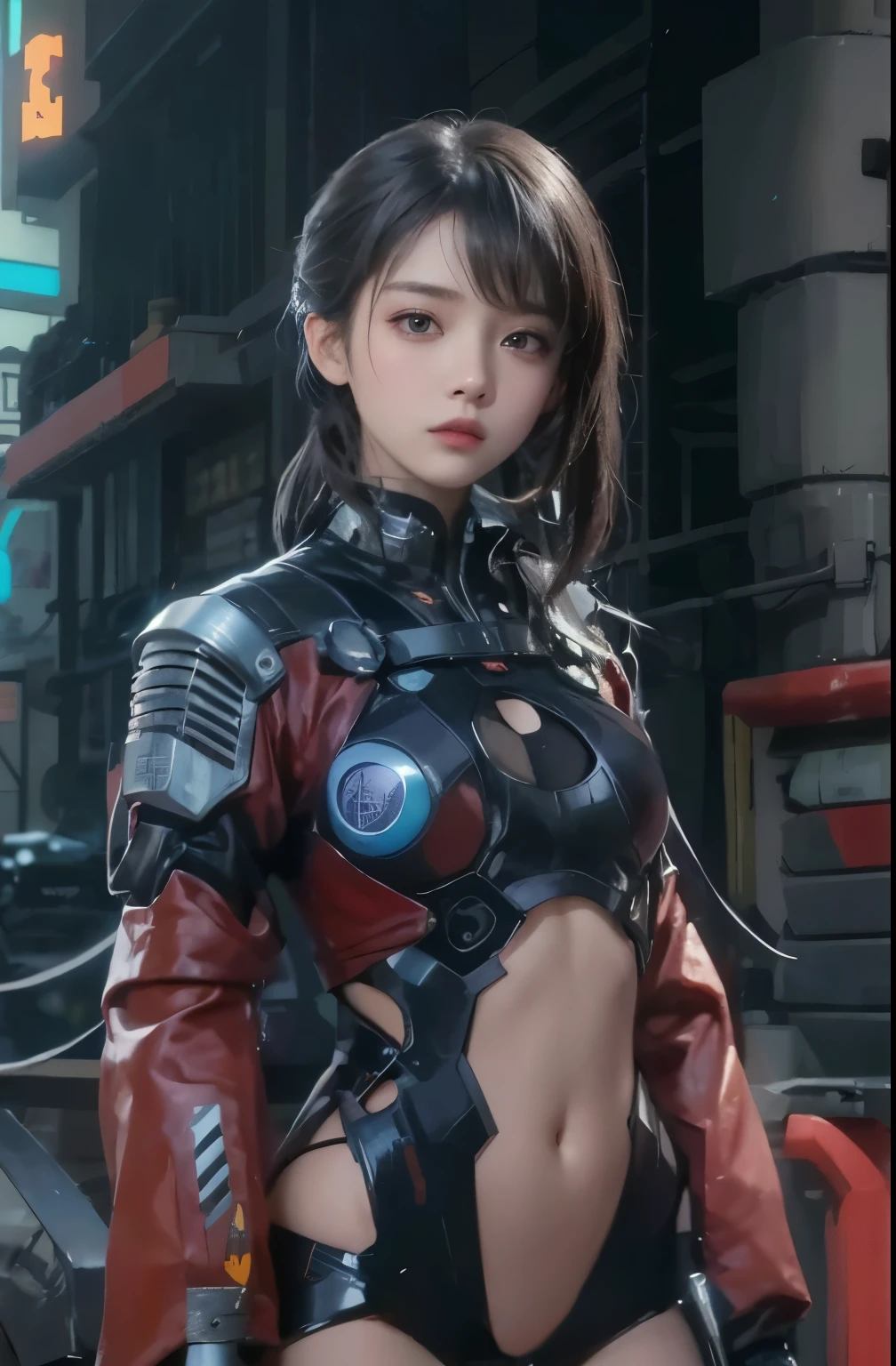 穿着未来派西装在城市前摆姿势的动漫girl, cute girl, 賽博龐克動漫girl mech, 賽博龐克動漫girl, female 賽博龐克動漫girl, 美丽的girl, 机甲网络装甲的girl, Digital Cyberpunk Anime Art, girl, 赛博朋克美丽的girl, - girl, perfect anime woman, Digital Cyberpunk - Animation Art, Anime Cyberpunk Art,exposed navel,textured skin