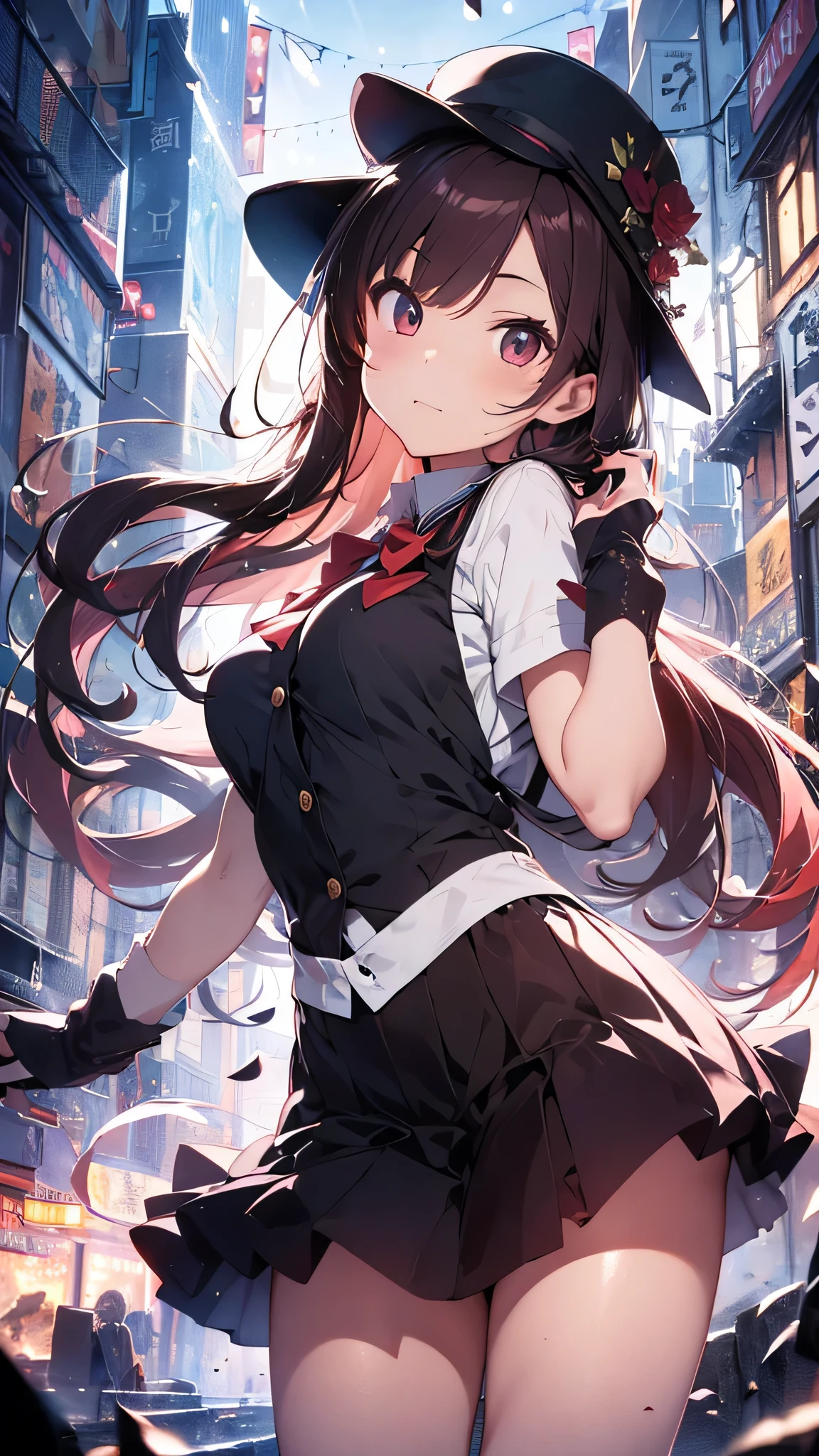 one woman,mini skirt,blouse,stockings,standing,boobs,short of a person,cute face,drooping eyes,big eyes,smiling,upturned eyes,long hair,wave hair,outdoor,daytime,Crowd of People,anime style,masterpiece, extremely fine and beautiful,illustration