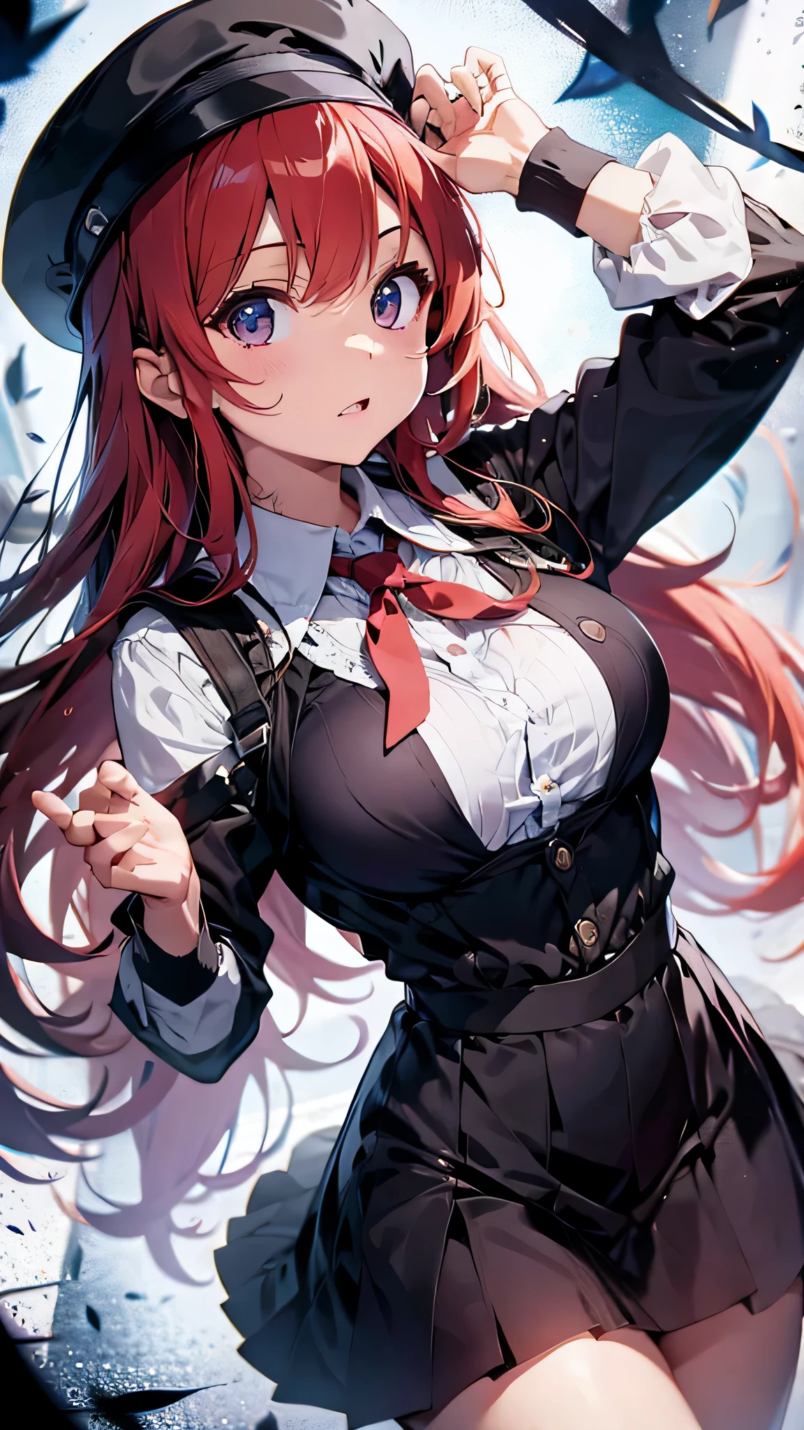 最high quality、best image quality、masterpiece、girl((18-year-old、 By becoming、vest bust、medium bust,wide open breast tea、shining eyes, glowing red hair、long hair、thin,highest valley、、black sailor suit、short skirt、Wristband、black gloves、hat、Tsundere、back view、reach out your hand)),high quality、beautiful art、background((luxurious school))、Flight、debris flies、Depth of written boundary、movie、visual art、perfect art、8K,genuine、