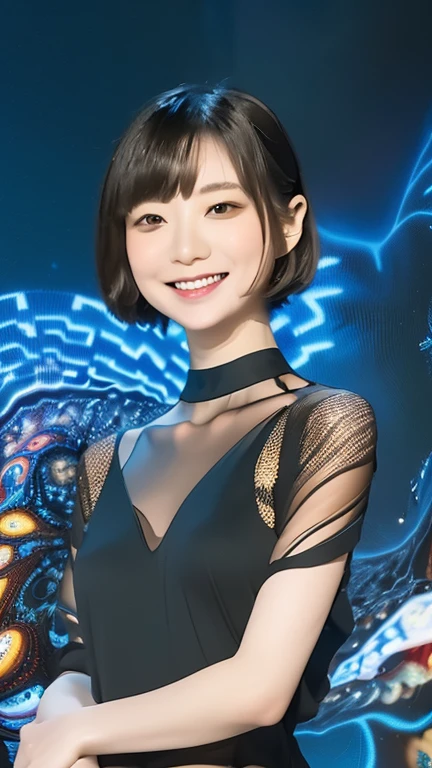 RAW photo、highest quality、super resolution、best image quality、masterpiece、8K、short hair, 20 year old woman, gentle smile, (abstract background,fractal art:1.46)、Stylish black dress:1.3、(((stand upright, facing the center of the screen.)))