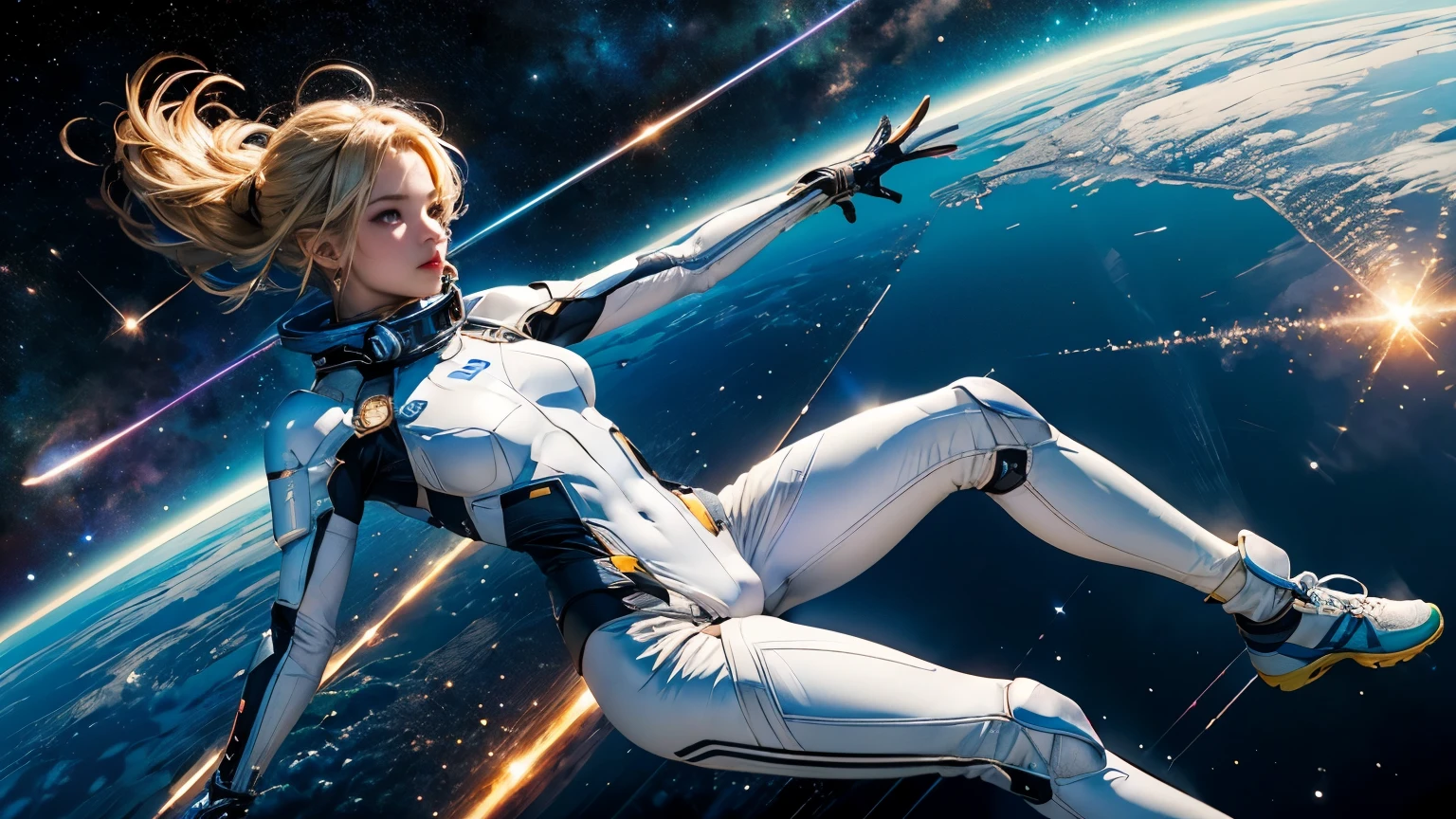 (master piece)、(best quality)、high contrast、(fine)、(beautiful)、(one android girl)、white bodysuit、milky blonde hair、遠いstarが語る物語、Continuing on an eternal journey、star々shining outer space、(Flying in the sky against the background of blue space:1.2)