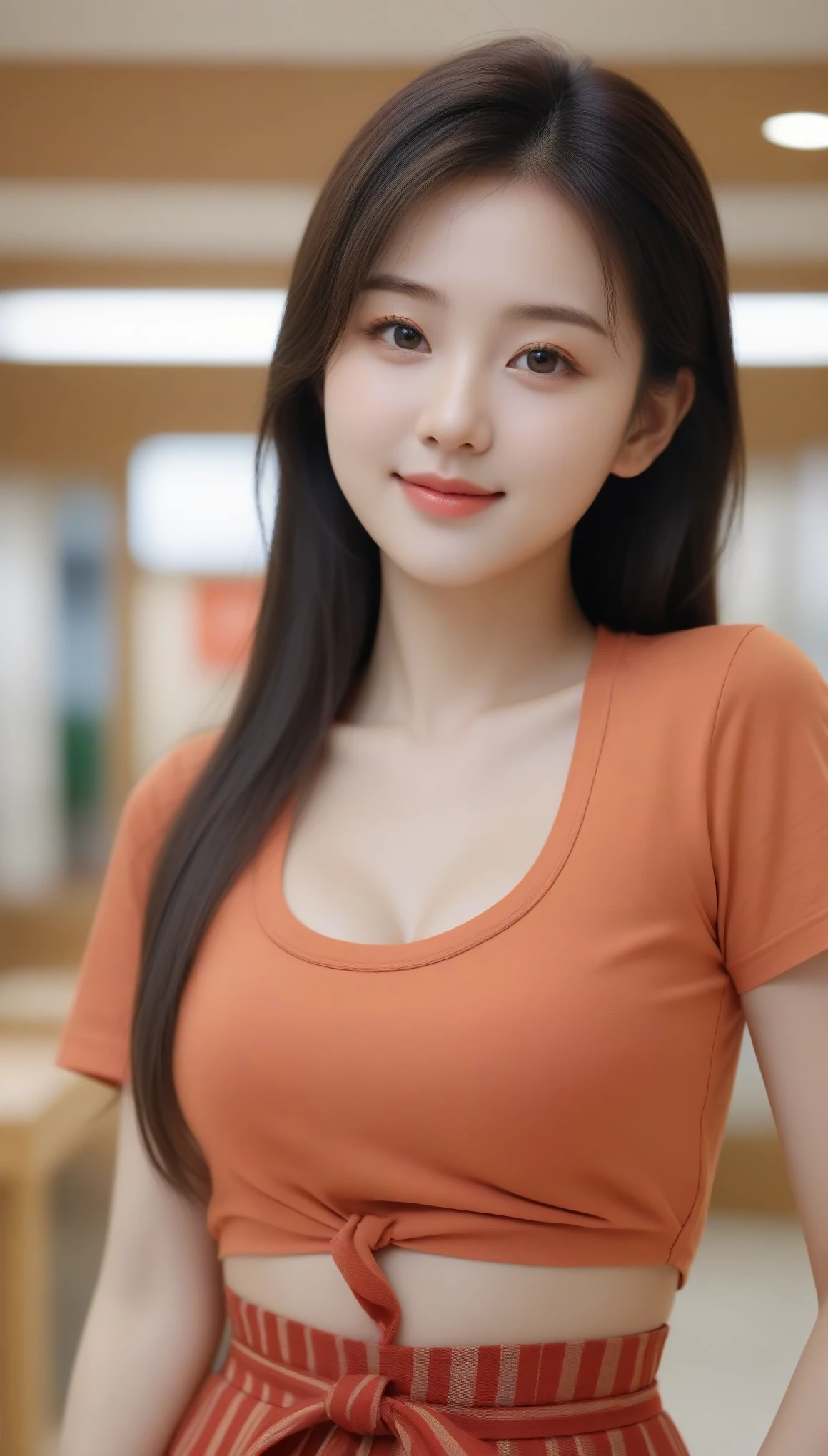 Close-up shot of beautiful korean female, 36 inch breasts size, straight long hair, slightly smile, green eyes, wearing red and orange striped waist tied t-shirt,  in the hane center , UHD