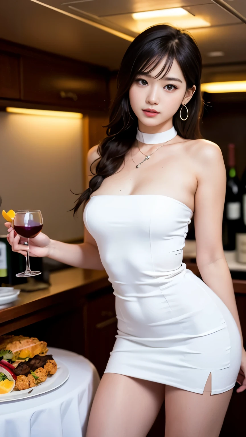 (((perfect anatomy))),alone,Ulzan 65000,serious look, Choker and earrings in the same color as the dress,(Shiny white skin is dazzling:1.05),(blush:0.9),realistic, table top, highest quality, High resolution, (perfect face:1.1), ,(highest quality,8K,32k,masterpiece,nffsw:1.3),超A high resolution,(Photoreal:1.4),Raw photo,beautiful hair, (((A long red cocktail dress with a sexy slit and stiletto heels for perfection))), medium full breasted,(((Enjoy a party on a sunny day off the coast of Hawaii on a luxury private cruiser while looking at the beautiful shadows of the islands.))), detailed background, perfect lighting, Melting background with deep depth of field, beautiful shadow gradation,バックビューからserious lookで全身撮影,Holding a wine glass filled with red wine on his waist in front of the host.,Delicious-looking dishes are lined up,High concentration of 1girls,(Beautiful long chestnut hair braided into a top),(Sexy nape),Delicate high nose and glossy lips,beautiful face,Coke bottle body with long limbs and waist tied like a model,