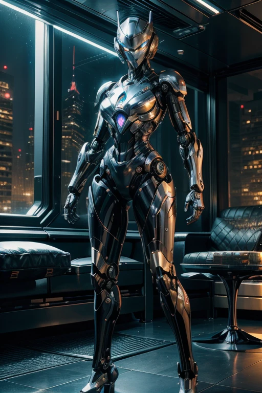 A futuristic robot, situated in a contemporary city in the year 2024, appears in this realistic photograph. The high-definition 8K image quality showcases every detail of the robot's metallic surface, from its intricate wiring to the gleaming sheen of its outer shell. The ultra-fine resolution captures every line and curve, making the robot's design look distinctly photorealistic. The cinematic lighting adds depth and dimension to the image, highlighting the robot's dynamic pose and the intricacies of its mechanical components. The overall result is a masterpiece of CG illustration that exudes an unparalleled, supremely aesthetic appeal.