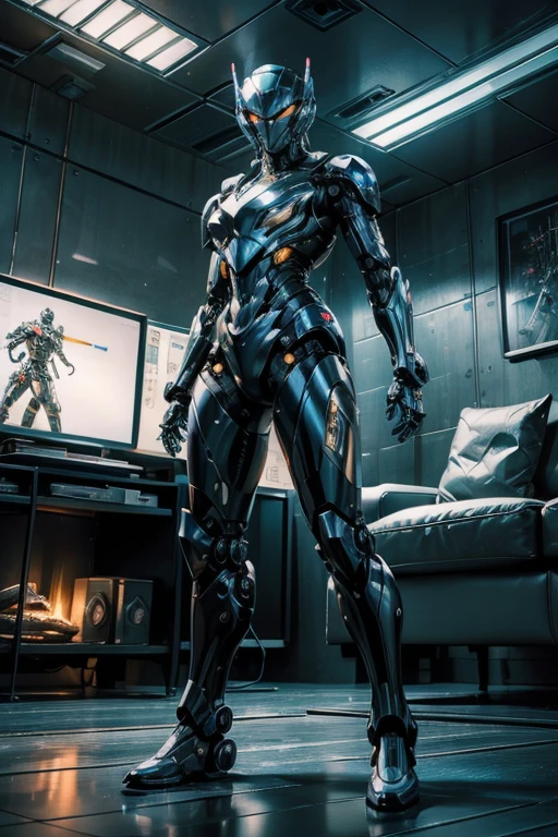 A futuristic robot, situated in a contemporary city in the year 2024, appears in this realistic photograph. The high-definition 8K image quality showcases every detail of the robot's metallic surface, from its intricate wiring to the gleaming sheen of its outer shell. The ultra-fine resolution captures every line and curve, making the robot's design look distinctly photorealistic. The cinematic lighting adds depth and dimension to the image, highlighting the robot's dynamic pose and the intricacies of its mechanical components. The overall result is a masterpiece of CG illustration that exudes an unparalleled, supremely aesthetic appeal.