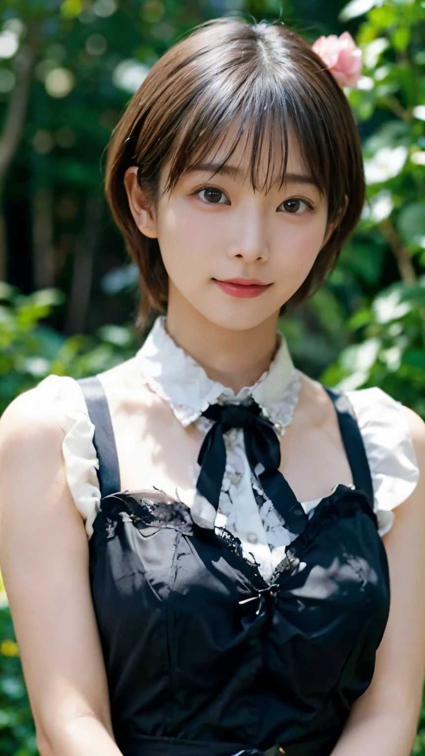 1 Nogizaka Musume、very cute、beautiful girl、19 years old、(gothic  fashion)、beautiful face, Exquisite details of eyes and skin、fine black shiny hair、Classy ruffles、frilled tie、ribbon tie、rose hair accessories、(smile at the camera)、(cowboy shot)、(sea of europe)、professional lighting、break、(realistic、Photoreal:1.37)、8K、(masterpiece)、(highest quality:1.4)、(Super high resolution:1.2)、 (Raw photo:1.2)、(delicate lace、soft fabric、beautiful rose pattern dress)、perfect anatomy、4 fingers and 1 thumb、seaside background、(Wallpaper by Unity 8K)