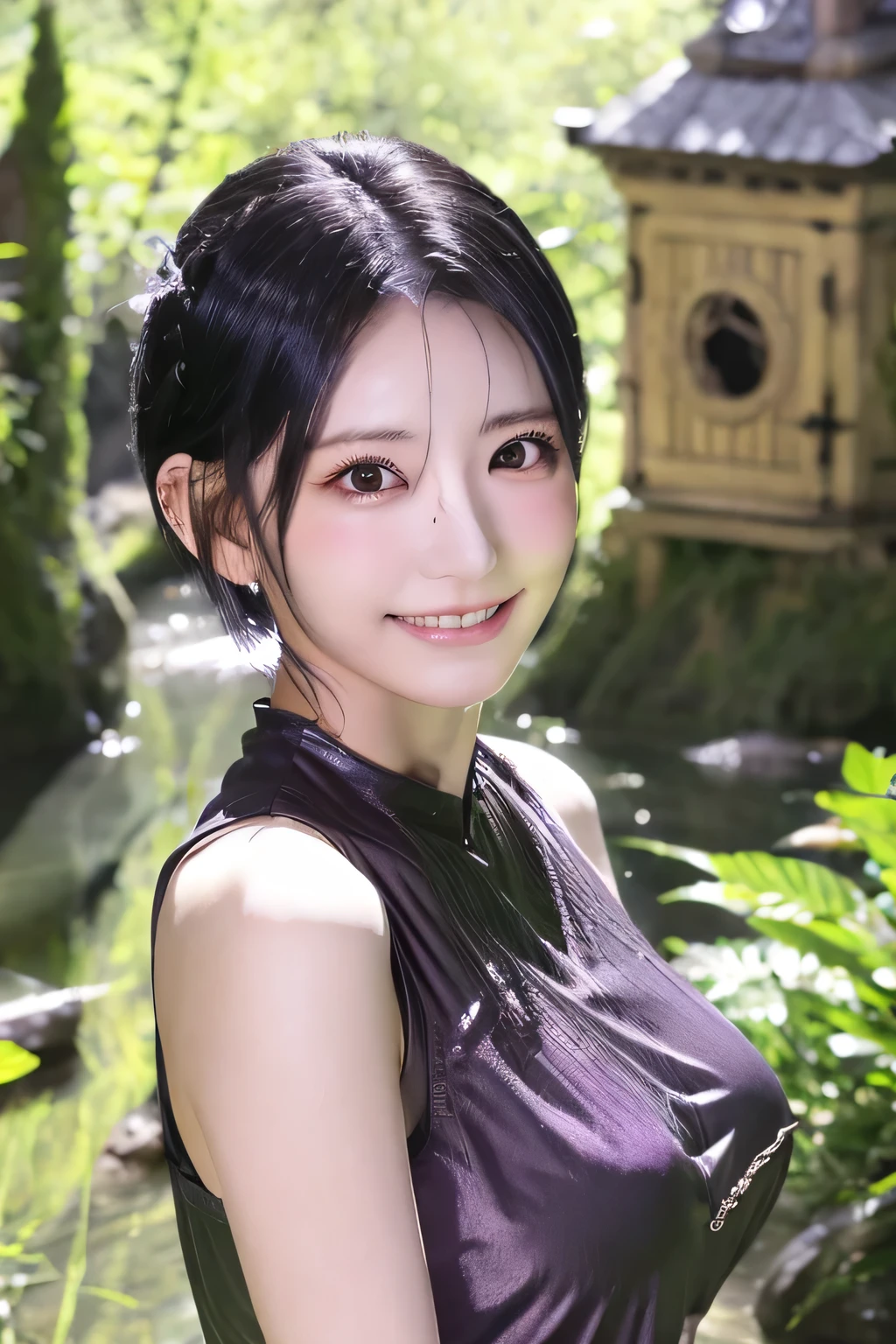 highest resolution, 4k, masterpiece: 1.3), japanese mature, women pictures, sexy, fine eyes, slender body shape, realistic teeth, double eyelid, full body, highest quality, become familiar with, equipped with armor, in a fantasy world, The background is a castle、black hair、smile、beautiful teeth、Upper body、hairstyle short cut、luxurious silver armor