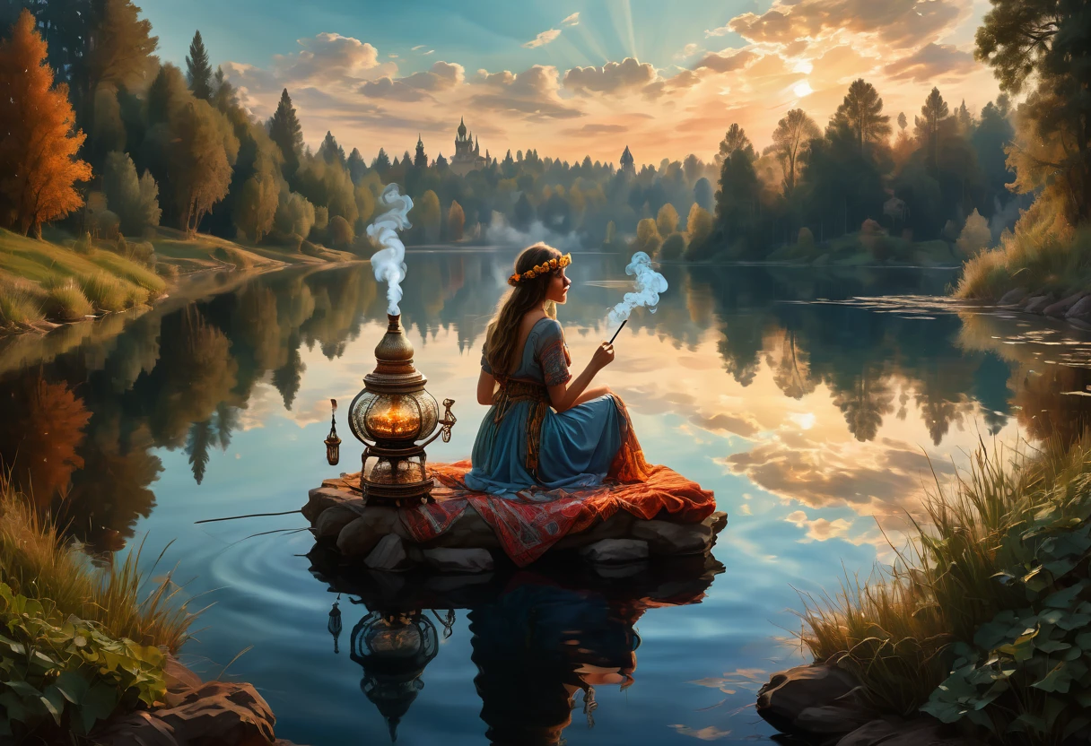 Evening scene featuring a young woman dressed in hippie-fashion with a Rastacap, smoking a hookah by a lake's edge, her silhouette and the rising smoke mirrored in the calm waters, inspired by V. Vasnetsov's "Alyonushka", focus on the intricate reflection in the lake, 32k resolution, hyper-detailed, digital painting, dramatic lighting, ultra-realistic, highly detailed . masterpiece, highest quality, Highest image quality, High resolution, photorealistic, Raw photo, 8K