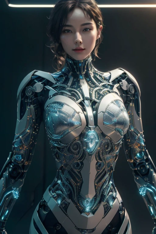 In this masterpiece of a photograph, taken in the contemporary cityscape of 2024, a futuristic robot comes to life. The 8K high-definition image quality, renowned for its best quality and photorealistic rendering (1.37), showcases every minute detail of the robot's metallic exterior. intricate wiring and gleaming sheen become crystal clear, revealing the intricate mechanics that define its unique design. The ultranone fine resolution (1.3) captures every curve and line, making the robot's sleek, dynamic pose appear even more lifelike. Illuminated by cinematic lighting, the image displays a striking interplay of light