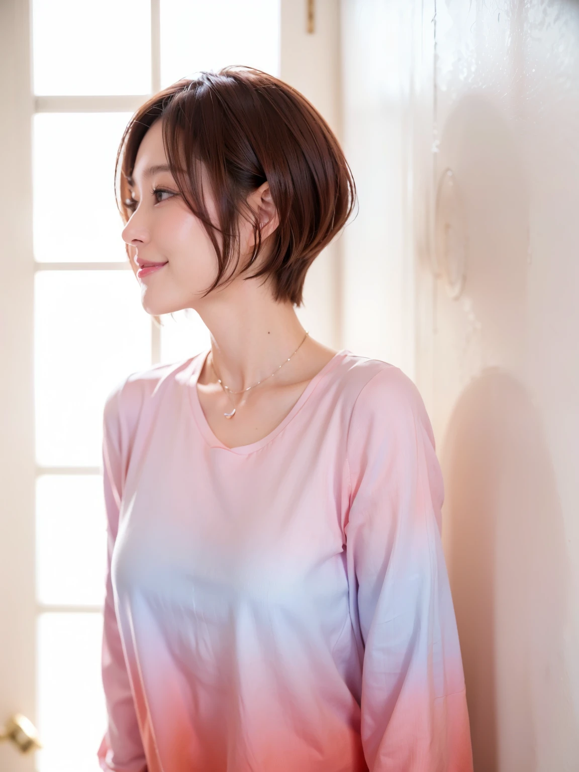 table top、highest quality、shape、 Super detailed、High resolution、8K wallpaper beautiful detailed eyeedium hair、natural color lip、smile、Harajuku、38 years old、mature woman、no breasts、white wall、Taken in front of the white door、(窓のあるwhite wallの部屋)、Various poses、break (ombre:1.3) 、simple necklace、spring clothes、pastel long sleeve dress、(Beautiful profile:1.3)、don't look at the camera、profile、shortcut、short hair