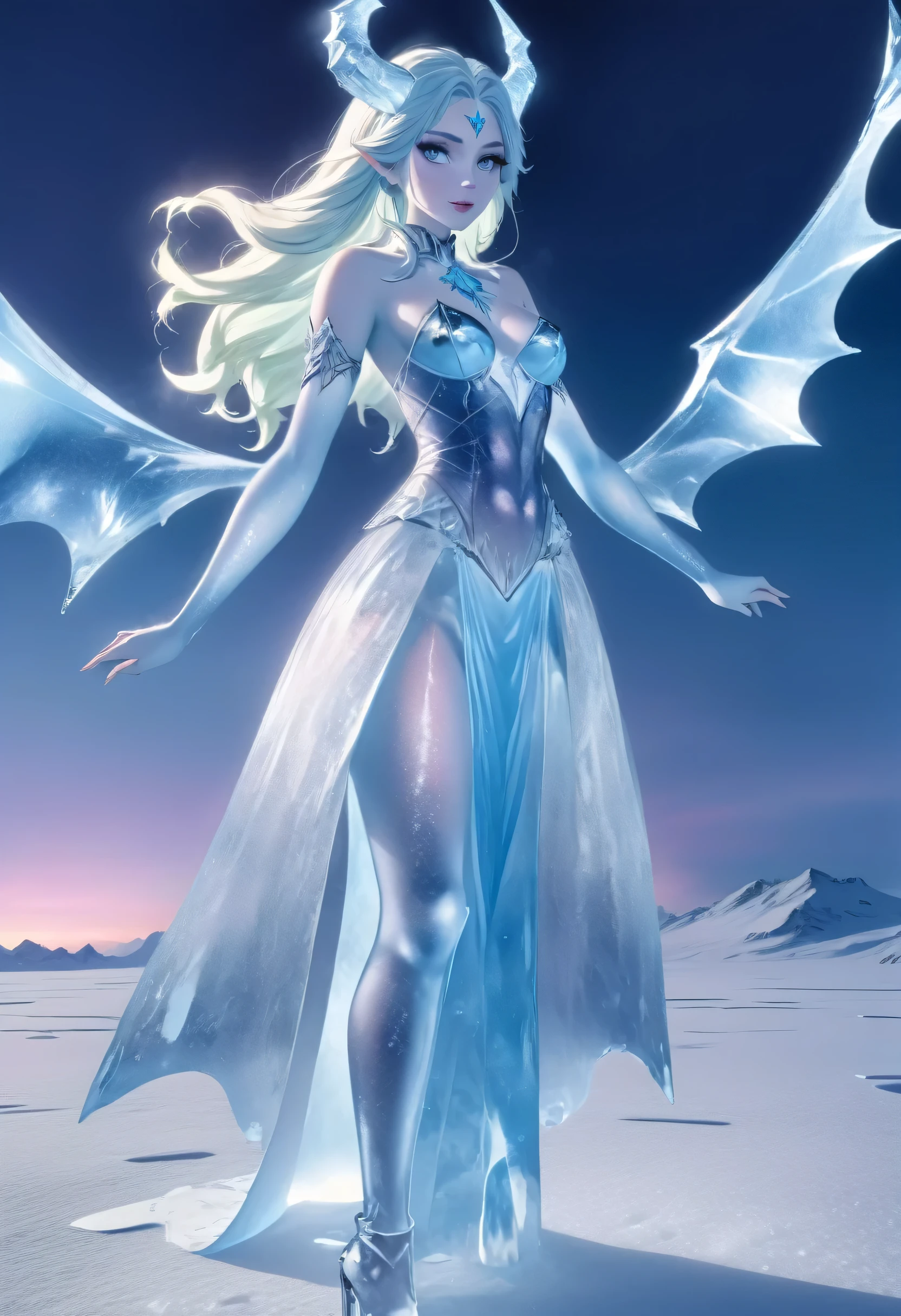 (8k, highest quality, masterpiece: 1.2), (realistic, realistic: 1.37), Super detailed, ((an ice female sexy demon:1))、Standing in the frozen snow field、Witch wearing pale armor, ((sexy costume:1)), SEXY female devil, ((aurora in the night sky)),  ((pale blue skin:1))