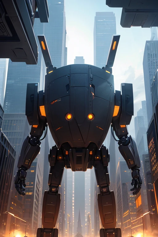 and shadow that accentuates the robot's form and texture. The backdrop of a sprawling, futuristic cityscape adds a sense of context and scale to the scene, with towering buildings casting long, dramatic shadows on the ground. The use of a low camera angle provides an immersive perspective, allowing viewers to fully appreciate the robot's size and complexity. Despite its metallic exterior, the image conveys a sense of warmth and emotion through the intricate details of the robot's enhanced, expressive eyes, which seem to convey a sense of curiosity and wonder. The overall effect of this masterpiece is a breathtaking fusion of technology and artistry, a testament to the limitless potential of human