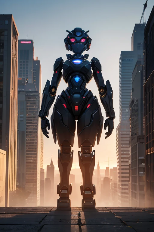 and shadow that accentuates the robot's form and texture. The backdrop of a sprawling, futuristic cityscape adds a sense of context and scale to the scene, with towering buildings casting long, dramatic shadows on the ground. The use of a low camera angle provides an immersive perspective, allowing viewers to fully appreciate the robot's size and complexity. Despite its metallic exterior, the image conveys a sense of warmth and emotion through the intricate details of the robot's enhanced, expressive eyes, which seem to convey a sense of curiosity and wonder. The overall effect of this masterpiece is a breathtaking fusion of technology and artistry, a testament to the limitless potential of human