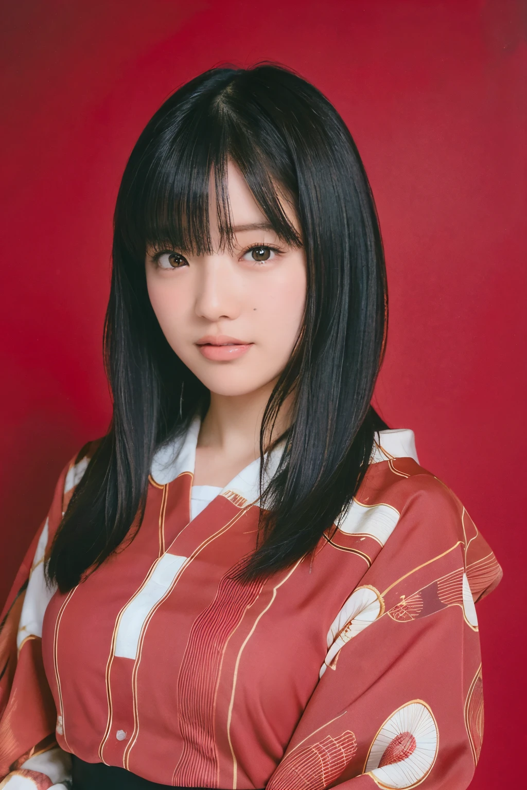 bangs,(highest quality,masterpiece:1.2),1 girl,8K,ultra high resolution,super detailed,highest quality,looking at the viewer,perfect lighting,flat light,super high quality,ultra high resolution,masterpiece,realistic,detailed face,(simple background),(maroon background),long hair,smile, elegant kimono