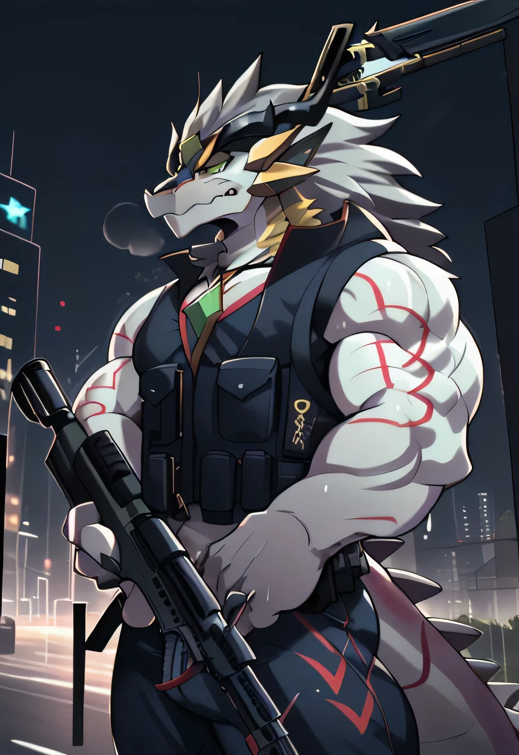 (dragon), two colors, Scars on the face, With sunglasses on his head,Necklace hanging around the neck,(muscular body:1.3), There is a scar on the face, Handsome, OK,(Scars on the face), on the street,(Express),(city background),(with scars on face:1.2),look at screen,(dragon horn),(Dragon tail),perfect masterpiece,(16K),casual clothes,alone,((Strong)),,(hands crossed),(dick:1.2),Perfect proportion,front,hands crossed,sweat,(hands crossed:1.5),(gun in hand:1.3),(fierce expression:1.2),(Vision:1.5),(with rifle in hands:1.8),Strong,muscle,with dragon wings,more details,CG,(dragon), torso,((gun in hand)), (Bulletproof vest)),serious expression