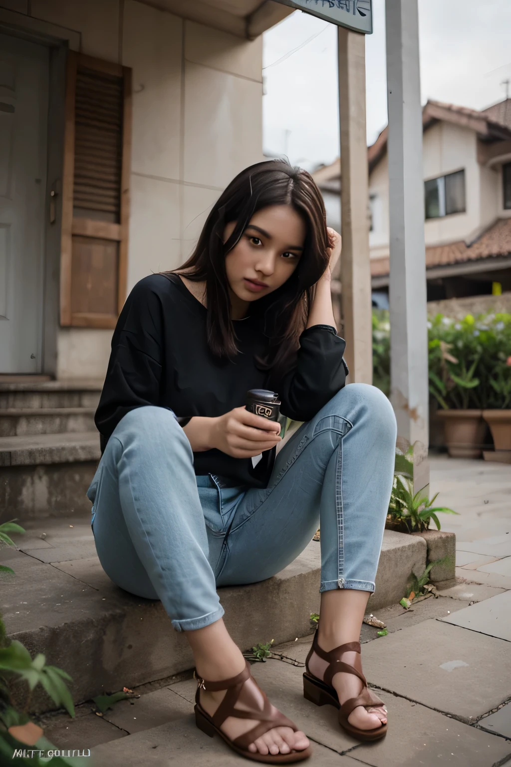 Seorang wanita muda cantik asal Indonesia, rambut panjang terurai, wajah natural, memakai jaket lengan panjang, celana jeans hitam, dia sedang berdiri di depan rumah, ada pohon hijau yang kelihatan asli dan hidup, photo kualitas Bagus, realistis, seperti nyata. Memakai sepatu putih, photography,HD, 3D