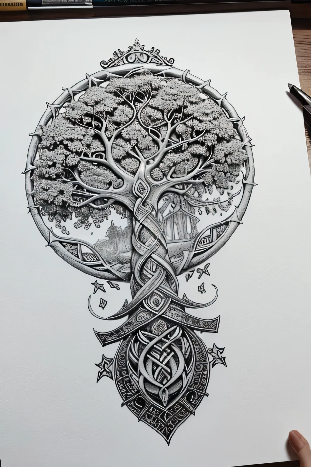 You will create for me a white yggdrasil drawing on Viking mythology
