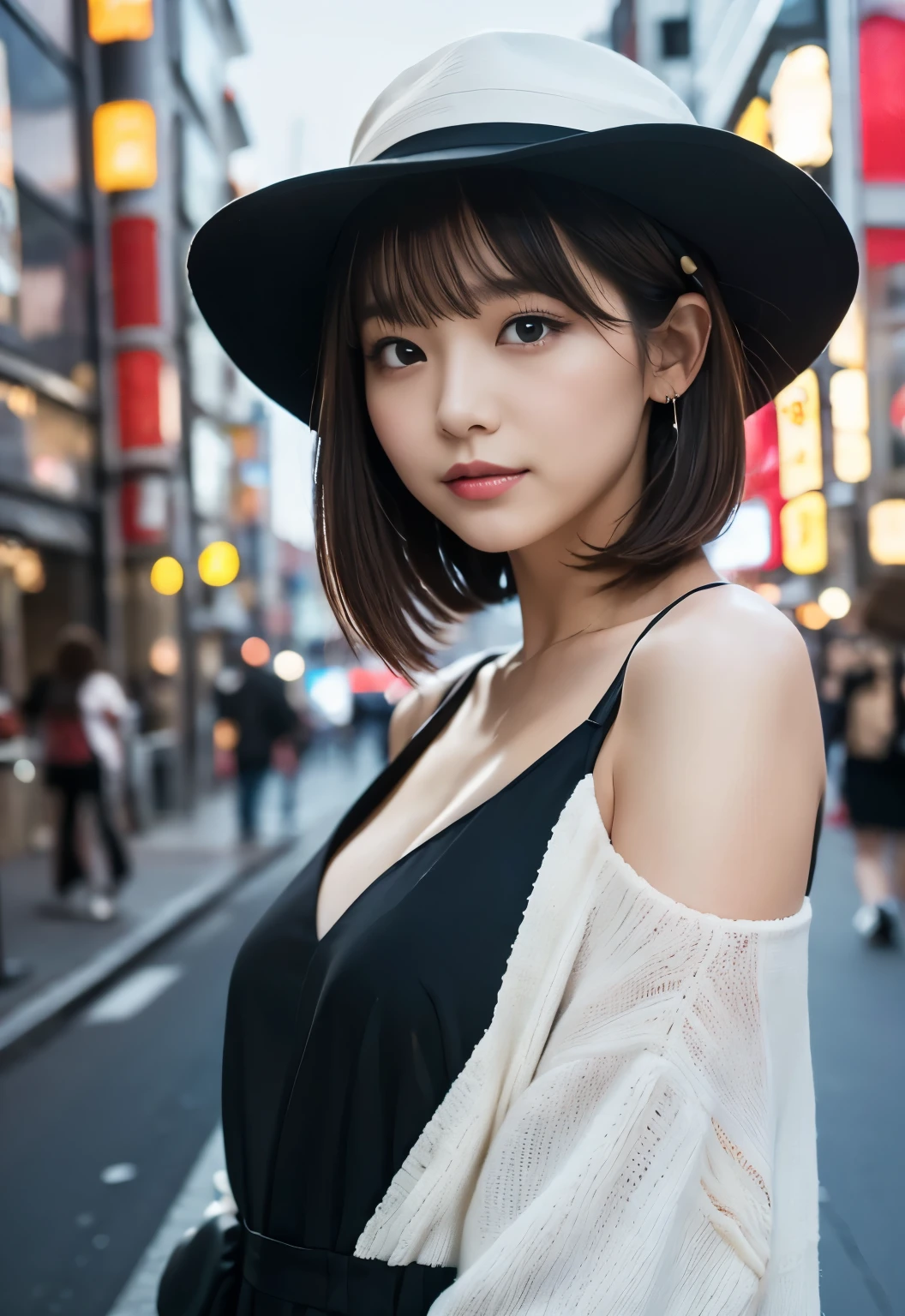 (((City:1.3, outdoor, Photographed from the front))), ((medium bob:1.3, black dress, hat,japanese woman, cute)), (clean, natural makeup), (highest quality, masterpiece:1.3, 超High resolution), (Super detailed, caustics), (realistic:1.4, RAW shooting), very detailed, High resolution, 16K resolution