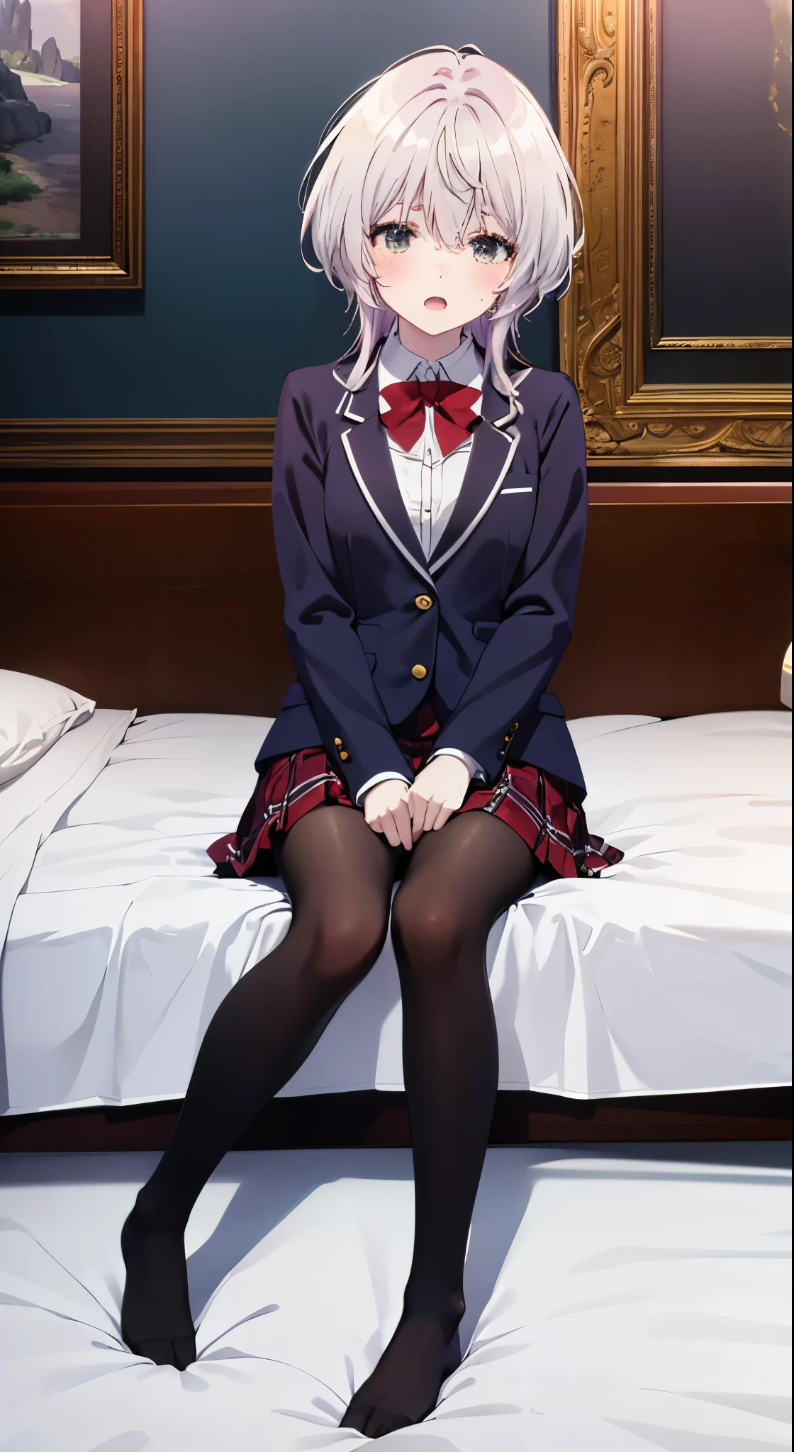 finest, masterpiece, High resolution, (Full body view from head to toe), Composition from the front and slightly below, symmetrical composition, Composition with accurate balance throughout the body、18 years old, slim and beautiful girl, alone, (small breasts), (not wearing shoes),messy hair, bangs, (black tights), (black pantyhose), (sitting on the floor with legs apart), (Pose with legs spread on the bed), tied up with both arms hidden behind the back, (Composition showing white panties), (her legs spread、I can see white panties.), (Open mouth with a pained expression), blush, shy big eyes, looking at camera, blazer uniform, plaid pleated skirt, Fuka Kikuchi