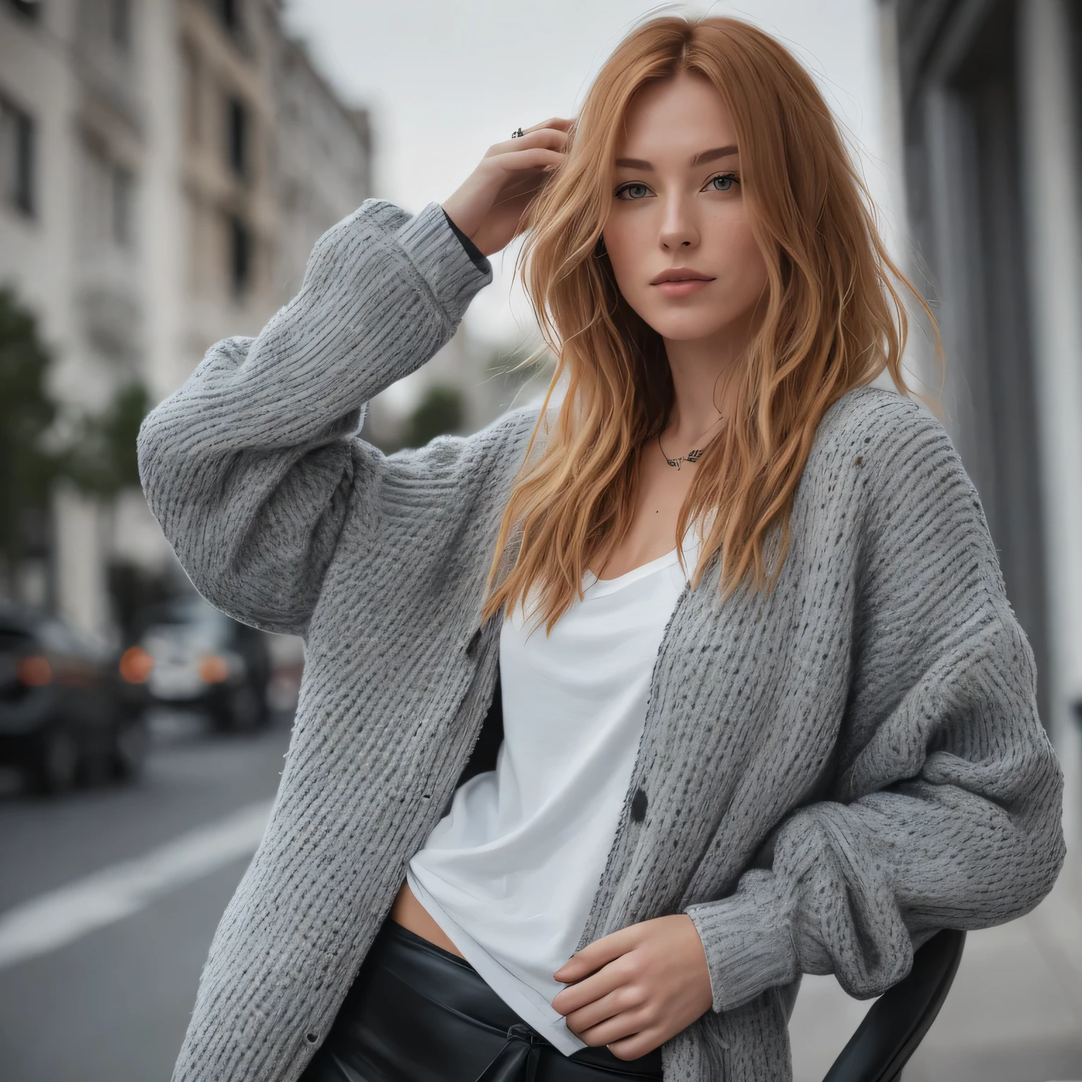 une photo d'an attractive woman with loose style (cheveux rousse:1.1), bored, elle porte un sweat à capuche, une veste en cuir noir et des leggings, mascara, (textured skin, pores de la peau:1.1), (taupes:0.8), peau imparfaite, chair de poule, visage impeccable, (light freckles:0.9), (full of sun:1.1), ((photorealistic):1.1), (BRUT, 8K:1.3),