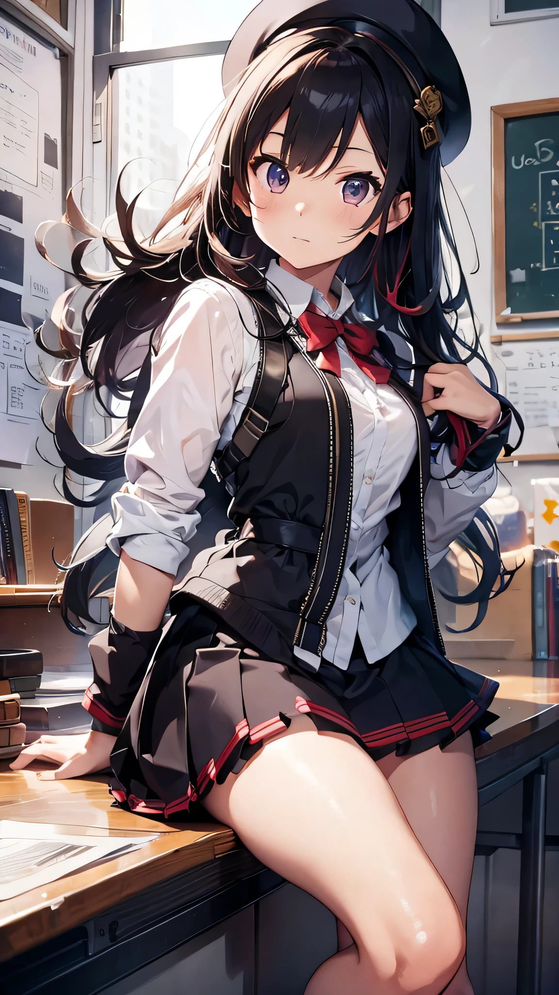 最high quality、best image quality、masterpiece、girl((18-year-old、 By becoming、vest bust、medium bust,wide open breast tea、shining eyes, glowing red hair、long hair、thin,highest valley、、black sailor suit、short skirt、Wristband、black gloves、hat、Tsundere、back view、reach out your hand)),high quality、beautiful art、background((luxurious school))、Flight、debris flies、Depth of written boundary、movie、visual art、perfect art、8K,genuine、