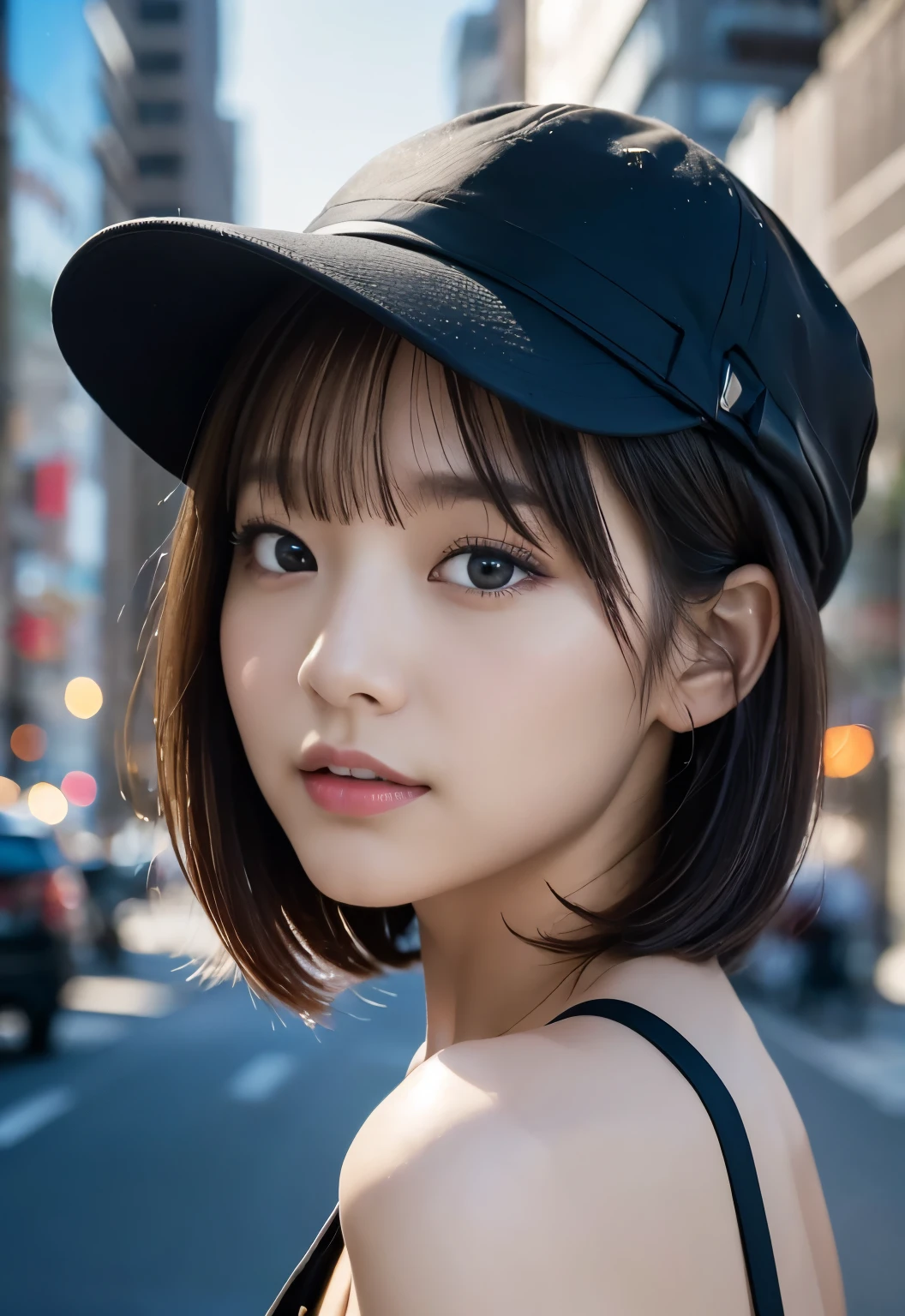 (((City:1.3, outdoor, Photographed from the front))), ((medium bob:1.3, black dress, hat,japanese woman, cute)), (clean, natural makeup), (highest quality, masterpiece:1.3, 超High resolution), (Super detailed, caustics), (realistic:1.4, RAW shooting), very detailed, High resolution, 16K resolution