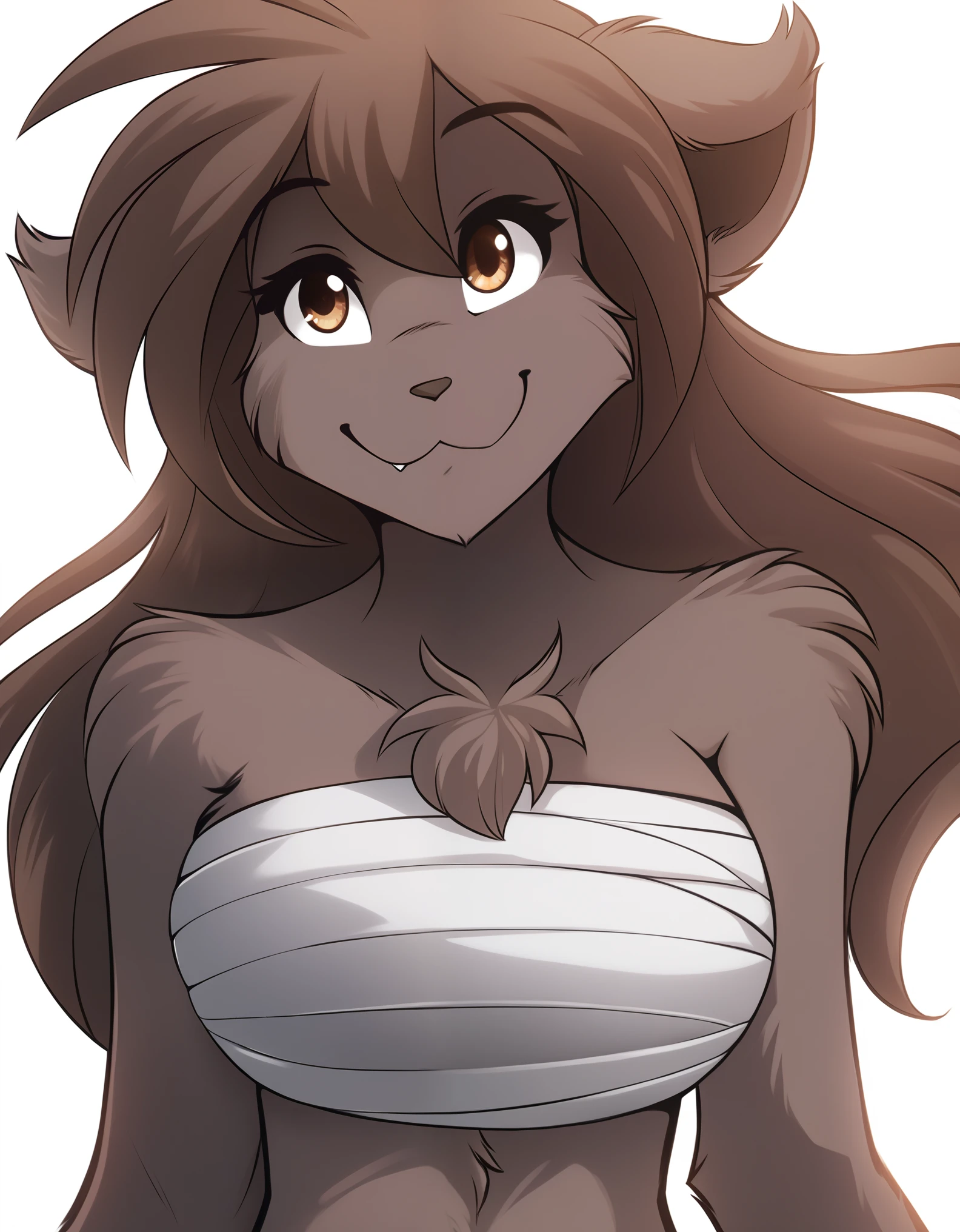 solo, tknanie, keidran, mammal, pantherine, natani_(twokinds), natani twokinds, twokinds, white background, white_background, brown fur, brown hair, brown eyes, female, big breasts, chest_wraps, wraps