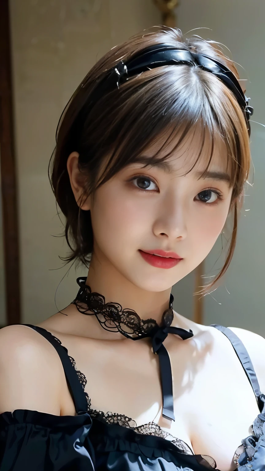 1 Nogizaka Musume、very cute、beautiful girl、19 years old、(gothic  fashion)、beautiful face, Exquisite details of eyes and skin、fine black shiny hair、Classy ruffles、frilled tie、ribbon tie、rose hair accessories、(smile at the camera)、(cowboy shot)、(sea of europe)、professional lighting、break、(realistic、Photoreal:1.37)、8K、(masterpiece)、(highest quality:1.4)、(Super high resolution:1.2)、 (Raw photo:1.2)、(delicate lace、soft fabric、beautiful rose pattern dress)、perfect anatomy、4 fingers and 1 thumb、seaside background、(Wallpaper by Unity 8K)