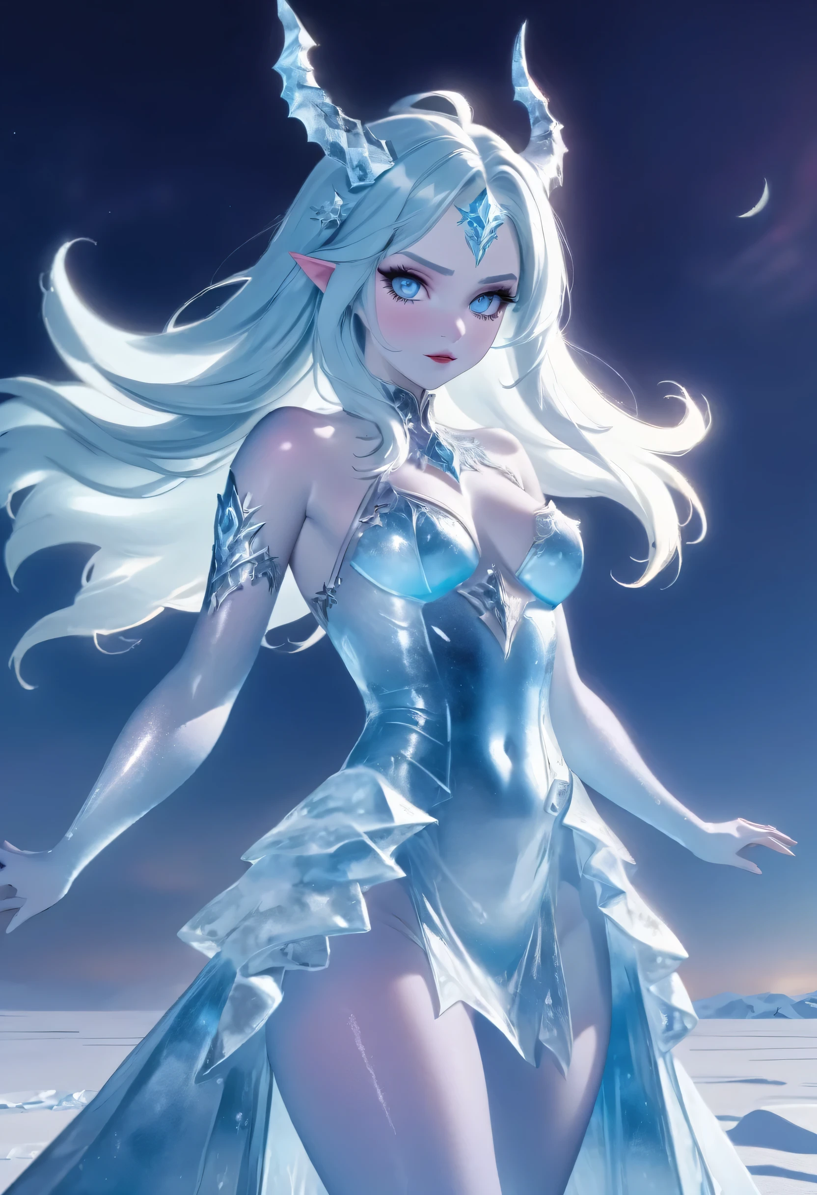 (8k, highest quality, masterpiece: 1.2), (realistic, realistic: 1.37), Super detailed, ((an ice female sexy demon:1))、Standing in the frozen snow field、Witch wearing pale armor, ((sexy costume:1)), SEXY female devil, ((aurora in the night sky)),  ((pale blue skin:1))