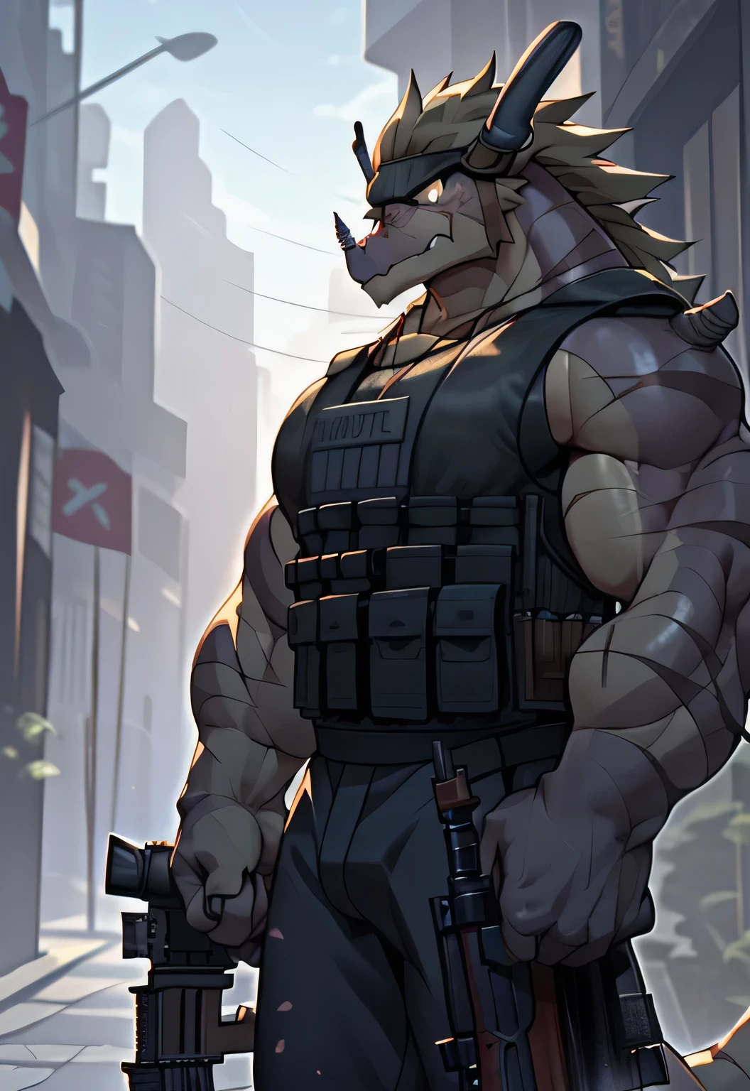 (dragon), two colors, Scars on the face, With sunglasses on his head,Necklace hanging around the neck,(muscular body:1.3), There is a scar on the face, Handsome, OK,(Scars on the face), on the street,(Express),(city background),(with scars on face:1.2),look at screen,(dragon horn),(Dragon tail),perfect masterpiece,(16K),casual clothes,alone,((Strong)),,(hands crossed),(dick:1.2),Perfect proportion,front,hands crossed,sweat,(hands crossed:1.5),(gun in hand:1.3),(fierce expression:1.2),(Vision:1.5),(with rifle in hands:1.8),Strong,muscle,with dragon wings,more details,CG,(dragon), torso,((gun in hand)), (Bulletproof vest)),serious expression