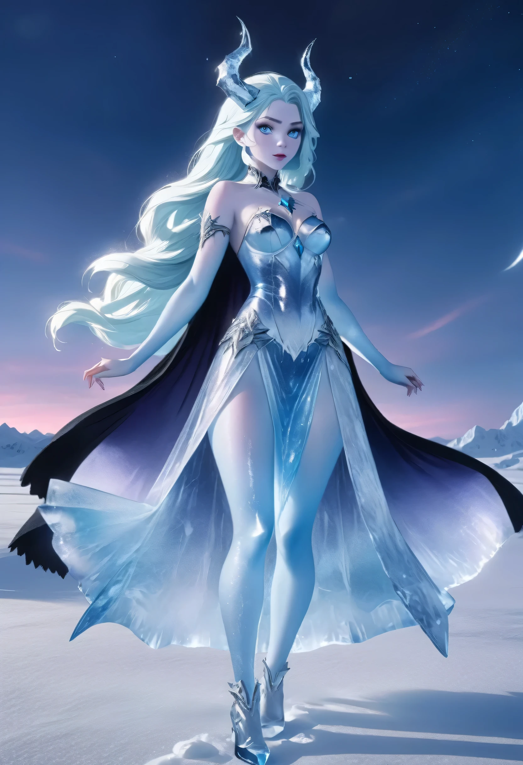 (8k, highest quality, masterpiece: 1.2), (realistic, realistic: 1.37), Super detailed, ((an ice female sexy demon:1))、Standing in the frozen snow field、Witch wearing pale armor, ((sexy costume:1)), SEXY female devil, ((aurora in the night sky)),  ((pale blue skin:1))