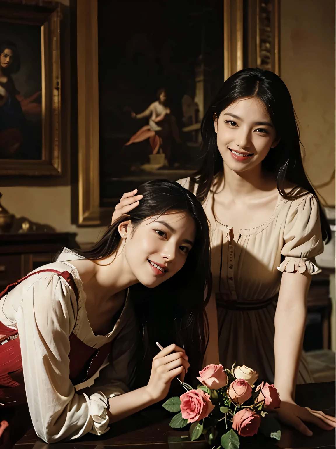 Giorgione painting style,Arguments of two female Philosophe,math、astronomical machine、astronaut、roses in vase、fruits、Cute trinkets、smile、ancient greek costume、Ancient Roman landscape in the style of Nicolas Poussin,laughter,,Sweet and seductive appearance.、Caravaggio's paintings、Chiaroscuro of Caravaggio、hair tousled by the wind,Two women frolicking,cute smile, expression of ecstasy,Sexy,erotic