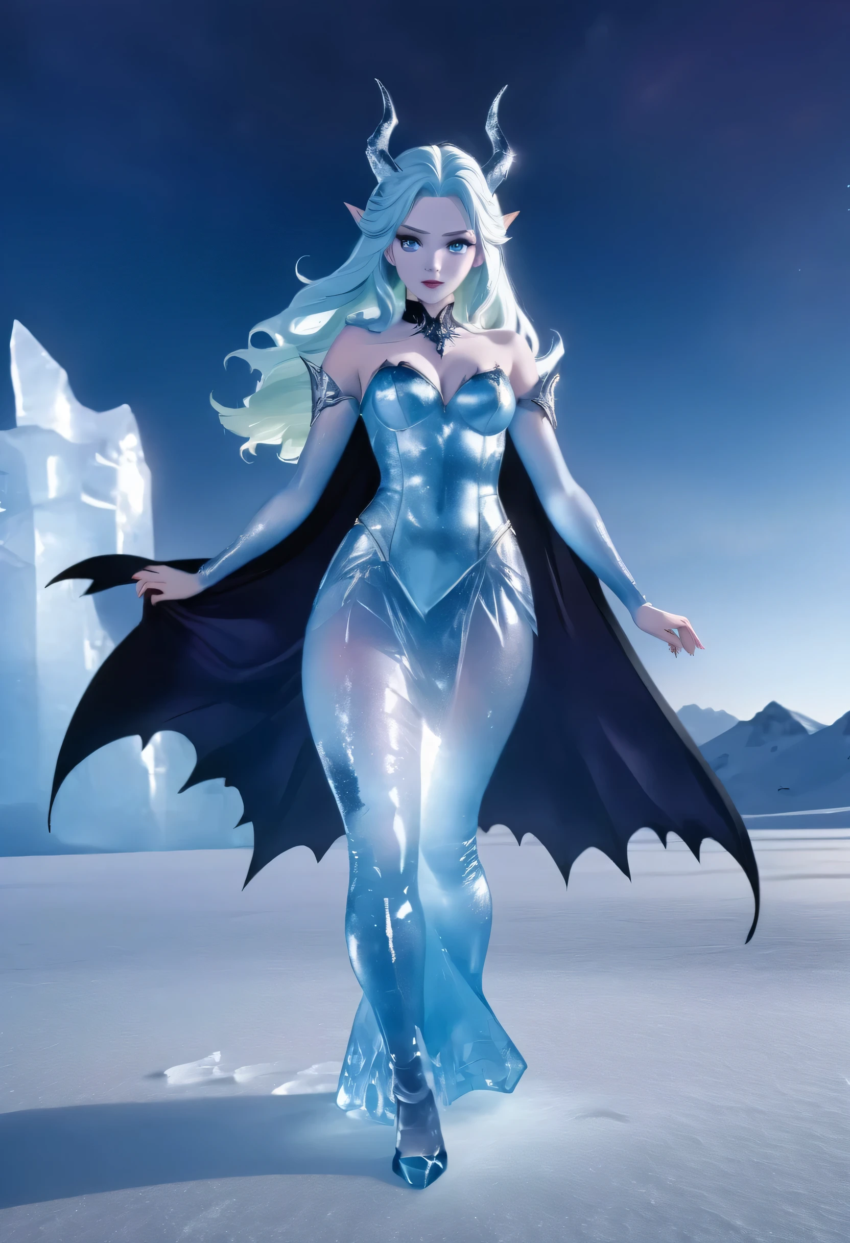(8k, highest quality, masterpiece: 1.2), (realistic, realistic: 1.37), Super detailed, ((an ice female sexy demon:1))、Standing in the frozen snow field、Witch wearing pale armor, ((sexy costume:1)), SEXY female devil, ((aurora in the night sky)), ((pale blue skin:1))