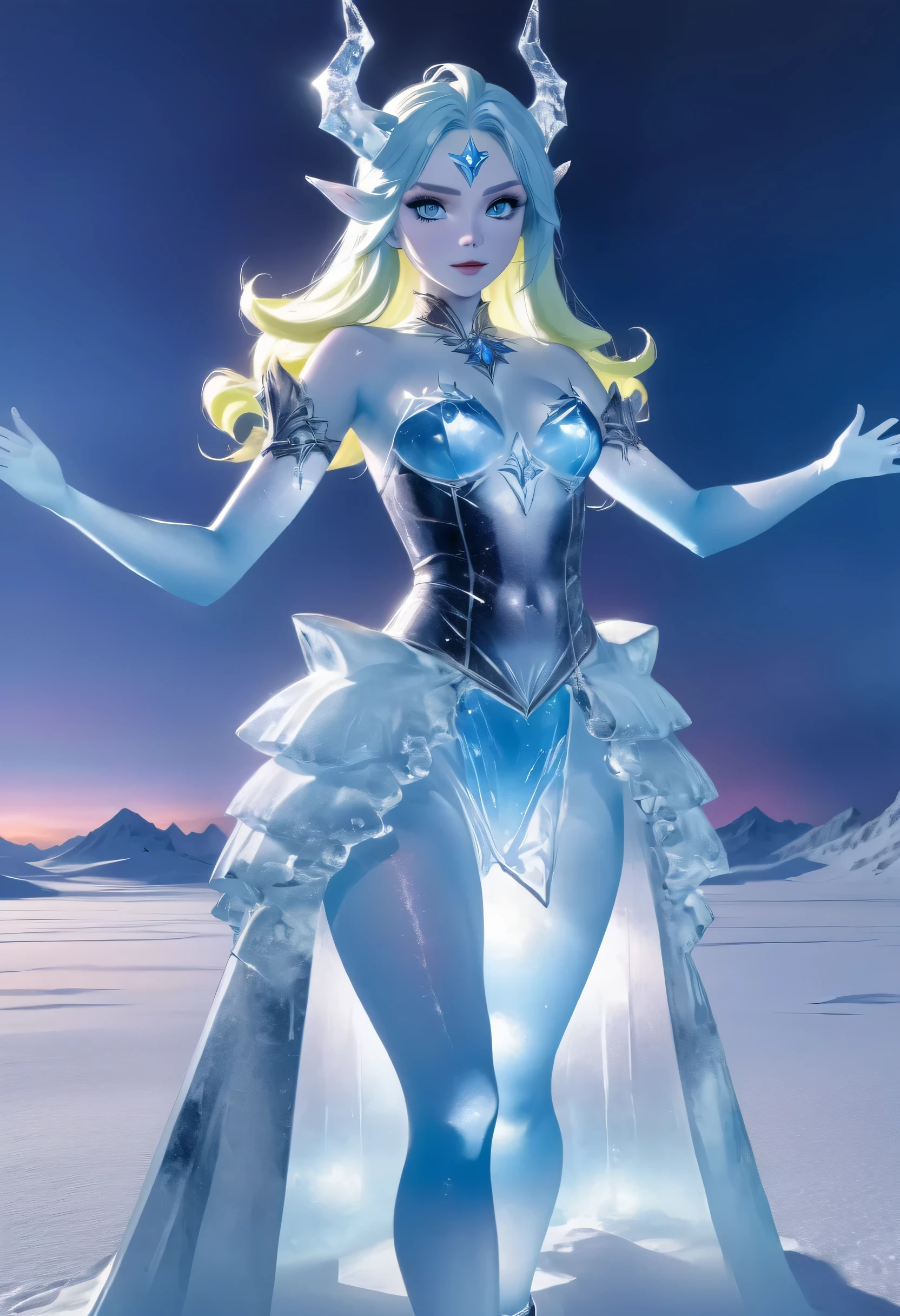 (8k, highest quality, masterpiece: 1.2), (realistic, realistic: 1.37), Super detailed, ((an ice female sexy demon:1))、Standing in the frozen snow field、Witch wearing pale armor, ((sexy costume:1)), SEXY female devil, ((aurora in the night sky)), ((pale blue skin:1))