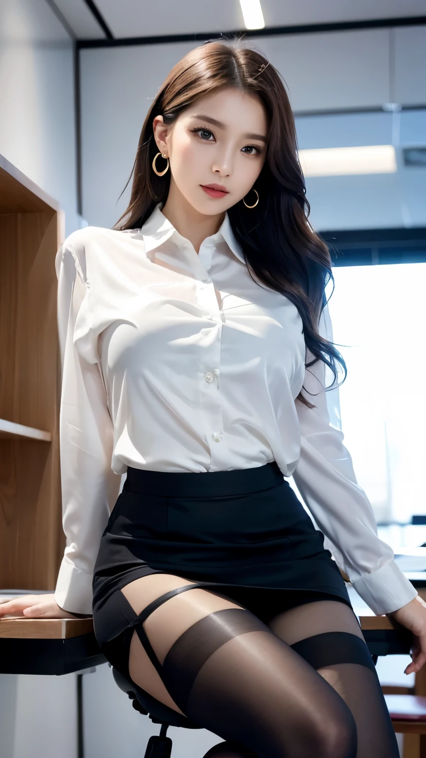 (masterpiece), ((highest quality)), (masterpiece,highest quality,official art,Highly detailed CG Unity 8K wallpaper), (the most noble and beautiful), (muste piece), (高学歴のwoman),beauty photo, woman,alone,(Elegant upper class super elite secretary wearing a business shirt),perfect look,double eyelidの目,delicate makeup, work in the office,厳格なbusiness suitを着ている, (wear pantyhose),wear high-end heels,girl wearing a shirt, wore a suit, huge tit,full body esbian,wore a suit, wore a suit, merchant, business clothes, wearing a black suit, Please wear a shirt and skirt, wore a suitwoman, business suit,Computer chair,sit down,Arlan's feet,high heels,view viewer,brightly,intricate details,foot focus,((shot from below)),cool beauty,(tall girl),dark brown hair, small earrings,Accurately express details such as faces and skin textures,(the most beautiful face and eyes), double eyelid,delicate skin,slender body shape,alone,big breasts,(Wearing the most beautiful and noble little earrings), silk blouse, Glossy black pantyhose