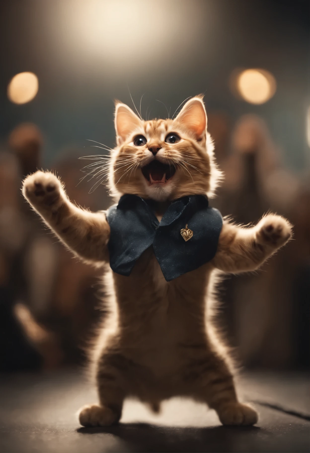A cat smiling and dancing with both hands up