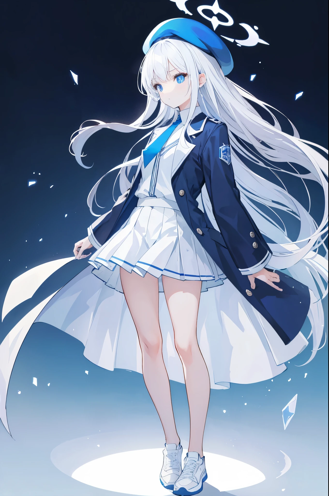 a girl,Bottom view,side view,character portrait,stand,full body picture,Female figure slim and slender,Poker face,Hands down,female face,white hair,long white hair,There is a blue halo on the head,The aura is blue,Halos are polyhedral patterns,female hands,human hand,normal finger,blue eyes,Highlights,Wearing a blue beret,Wearing a white coat,White shirt and blue tie,Wearing a pleated skirt,white sneakers,pure white background background,tomorrow ark,tomorrow ark风格,alone,masterpiece,Extremely exquisite and beautiful two-dimensional exquisite painting style,Extremely delicate and delicate,8K high quality,CG wallpaper,HD,Front view,character portrait,Full body composition