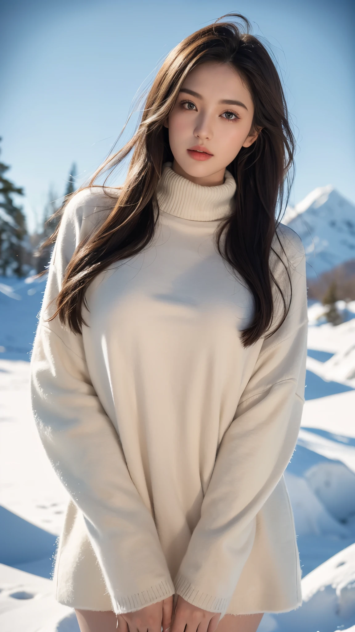 ((masterpiece, 32k,8k,wallpaper, high resolution, H,RAW photos,)),(realistically:1.5),(light),(Detailed fingers),(High detail skin:1.beautiful eyes),1 girl,alone,center， Winters, Yuki, fur collar wind coat, turtleneck sweater, Minkitz, lace up pantyhose,(huge snatch),twilight，Cloud，wind，hair flying，