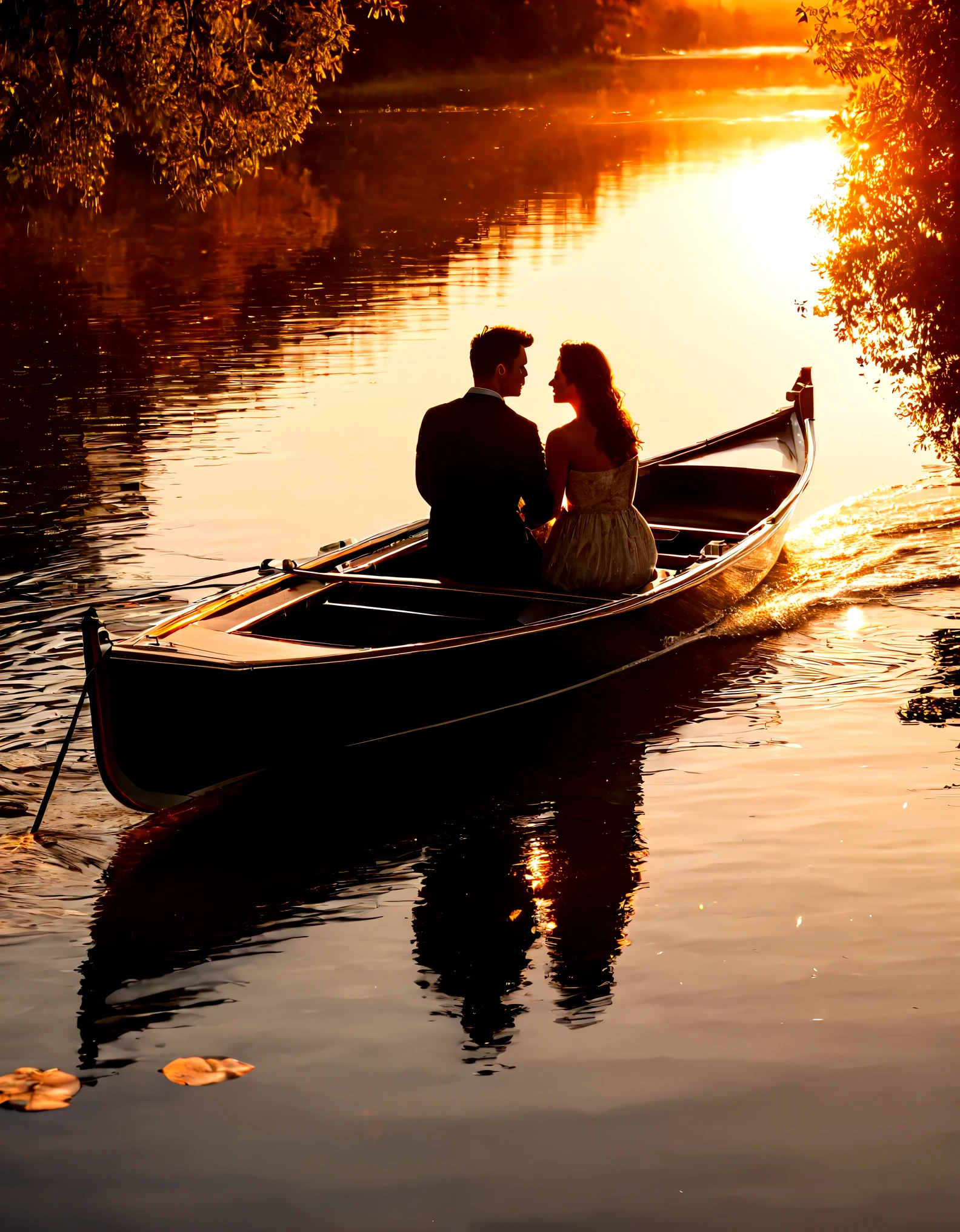 afterimage, close-up, vanishing point, from above, UHD, masterpiece, high details, high quality, award winning, best quality, best quality, highres, 16k，Golden pond，sunset，sparkling，Backlighting equipment for couple on boat:SonyA77(Standalone) [SONY（Sony）digital camera] lens:70-300mm F4-5.6 SSM time:2017-09-24 17:37:02 Shutter:1/8000 aperture:F/6.3 Focal length:300mm sensitivity:0