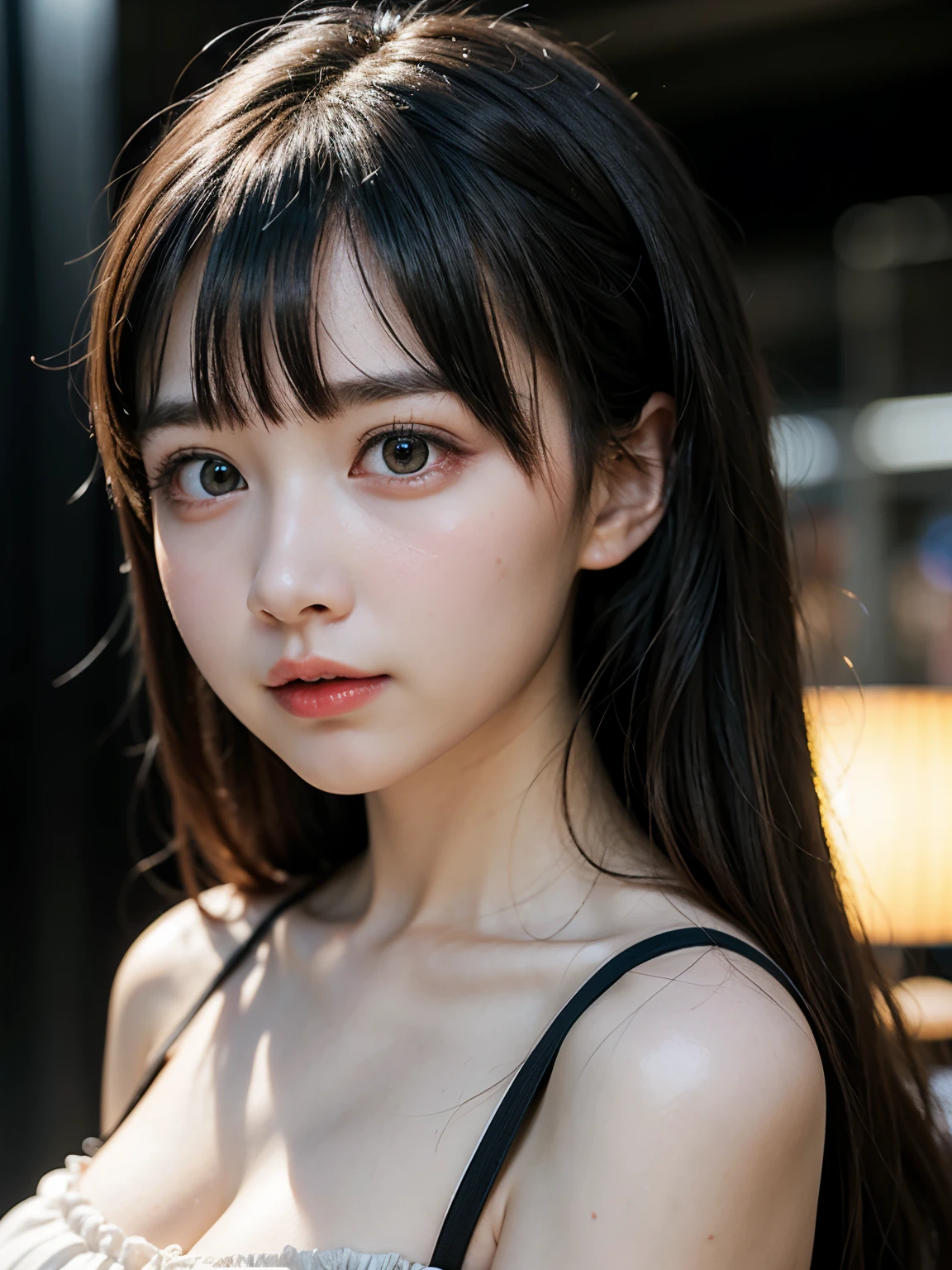 1 girl, blush, perfect lighting, black hair, （human body as a whole）、unreal engine, side light, detailed face, bangs, bright skin, simple background, dark background,