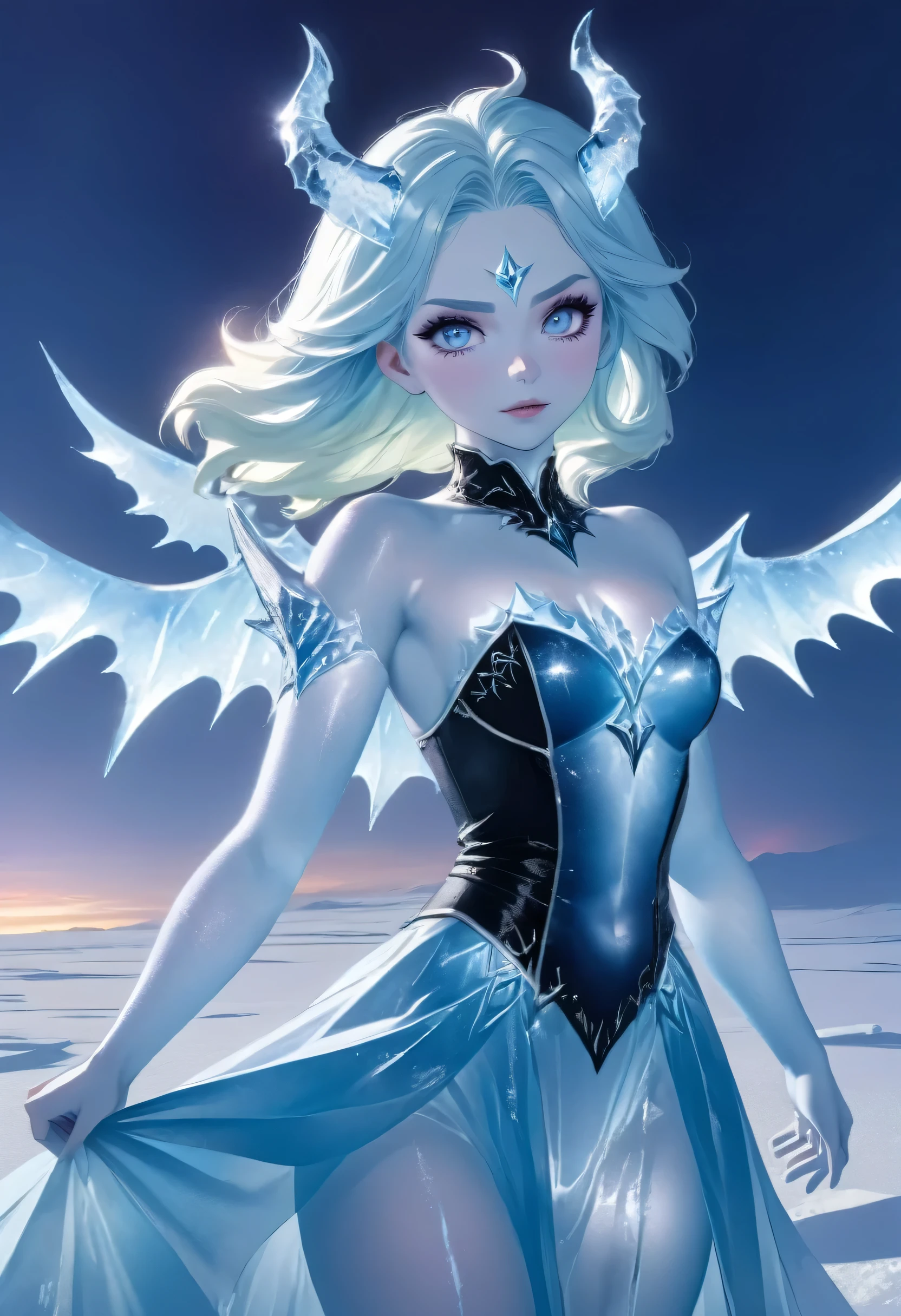 (8k, highest quality, masterpiece: 1.2), (realistic, realistic: 1.37), Super detailed, ((an ice female sexy demon:1))、Standing in the frozen snow field、Witch wearing pale armor, ((sexy costume:1)), SEXY female devil, ((aurora in the night sky)),  ((pale blue skin:1))