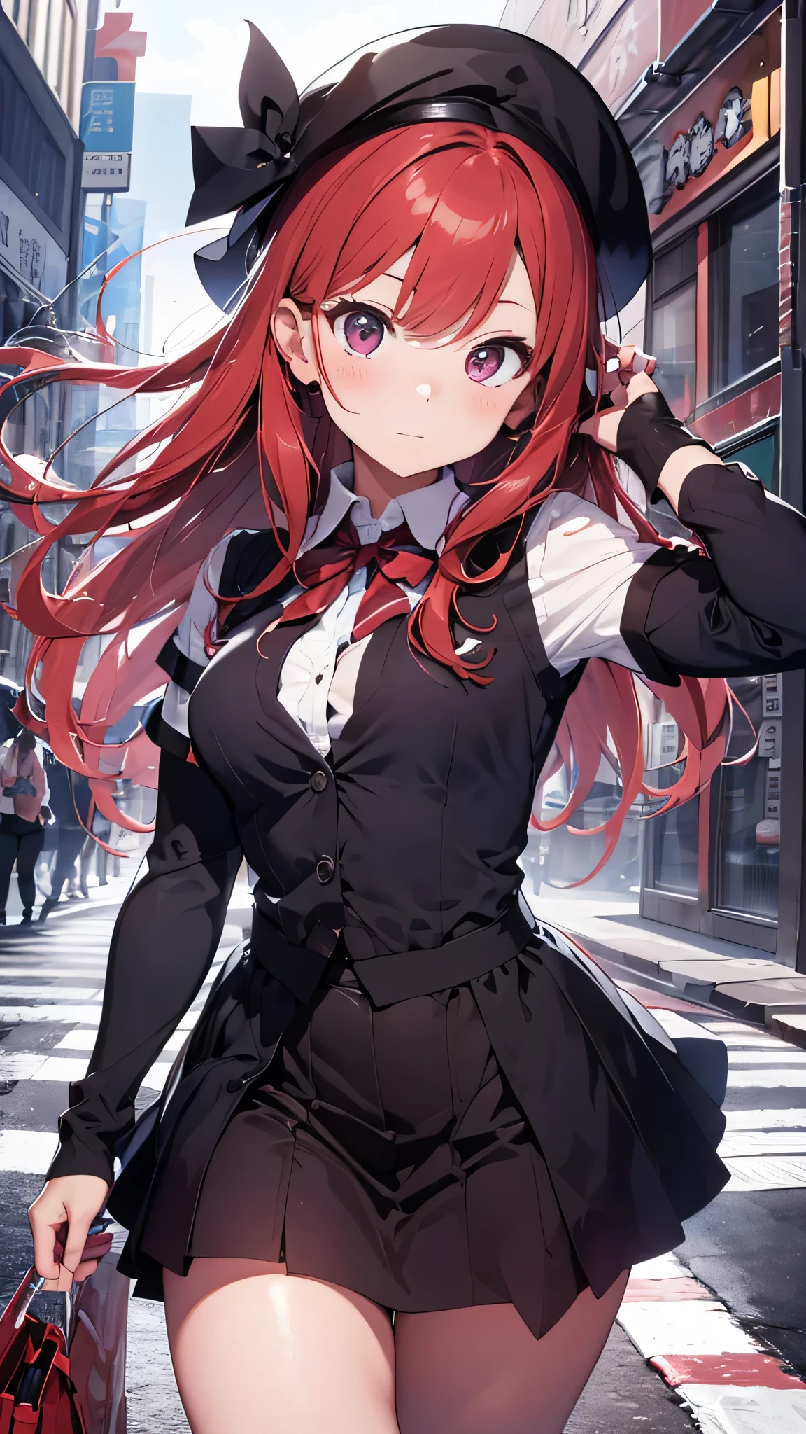 最high quality、best image quality、masterpiece、girl((18-year-old、 By becoming、vest bust、medium bust,wide open breast tea、shining eyes, glowing red hair、long hair、thin,highest valley、、black sailor suit、short skirt、Wristband、black gloves、hat、Tsundere、back view、reach out your hand、surprise)),high quality、beautiful art、background((luxurious school))、Flight、debris flies、Depth of written boundary、movie、visual art、perfect art、8K,genuine、