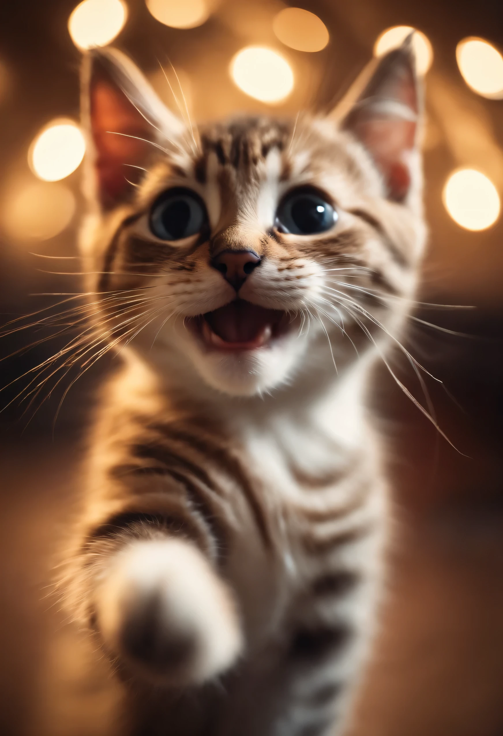 A cat smiling and dancing with both hands up