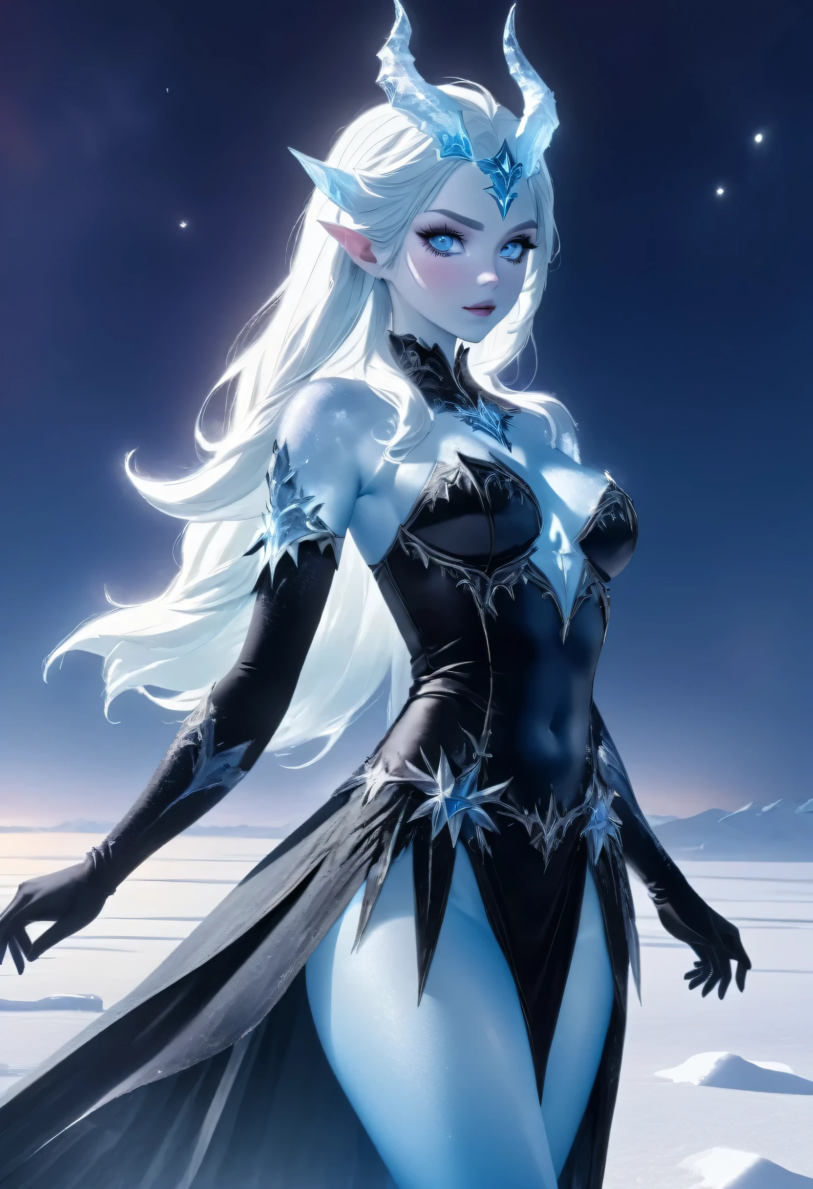 (8k, highest quality, masterpiece: 1.2), (realistic, realistic: 1.37), Super detailed, ((an ice female sexy demon:1))、Standing in the frozen snow field、Witch wearing pale armor, ((sexy costume:1)), SEXY female devil, ((aurora in the night sky)),  ((pale blue skin:1))
