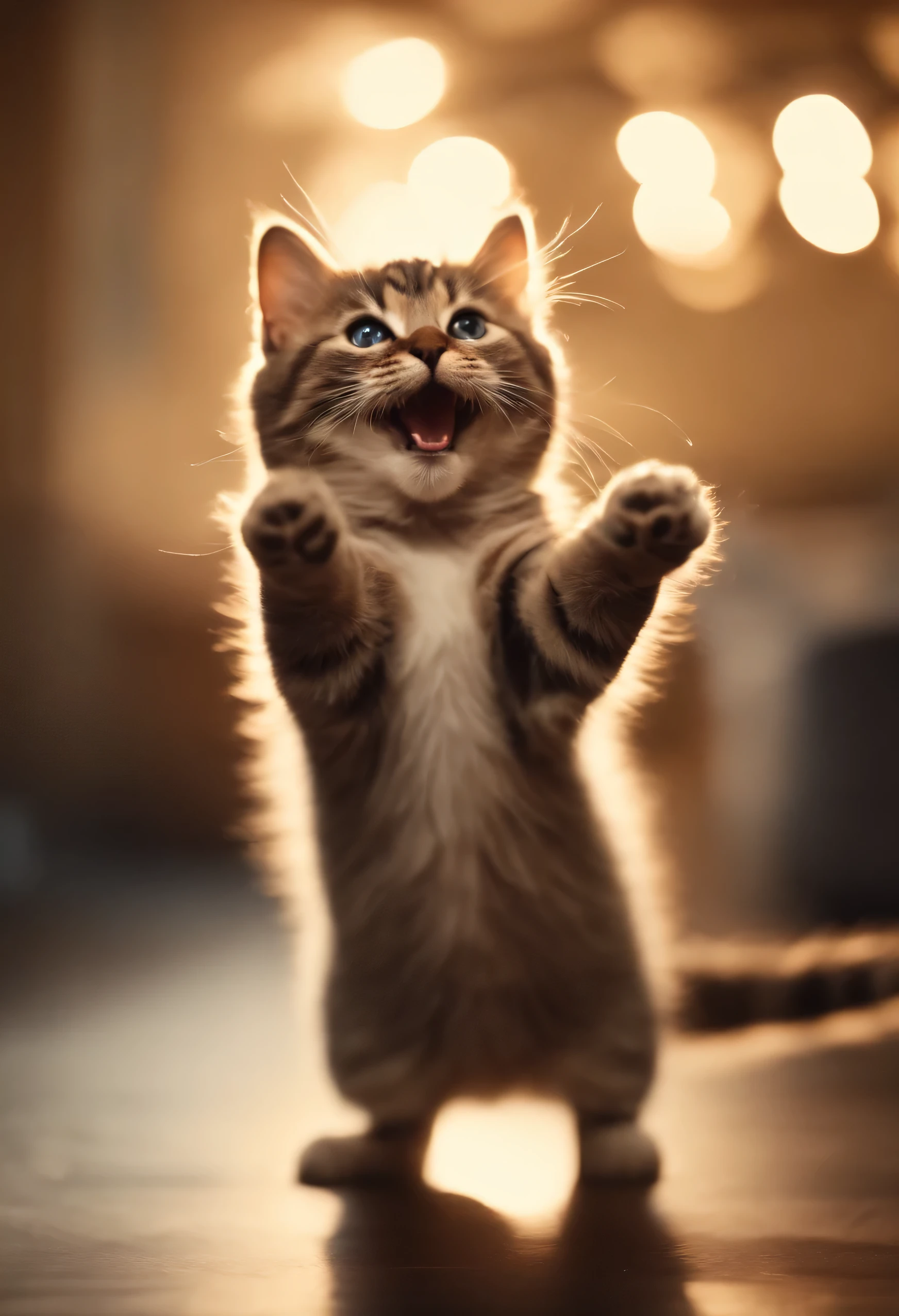 A cat smiling and dancing with both hands up