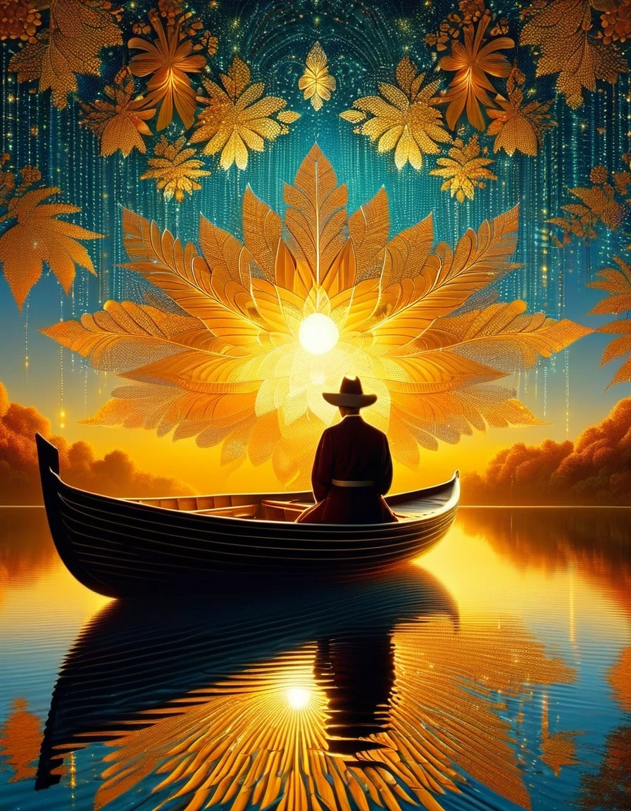 portrait art style of Golden Pond, Sunset, Sparkling, Couple's Inverse Light on Boat,a beautiful painting by Henri Rousseau,in the style of rolf armstrong: fractal,by Andrey Remnev,Tomer Hanuka,Surreal,Non-Fiction,Worldly,Retro,Laser-Cut,The picture is from Wong Kar-wai's work, by Paul Barson,by Petra Collins,by Mandy Disher,Reflective Atmosphere,Zen Atmosphere, Romantic Atmosphere,Unreal engine,octane render,Corona Render,high detail,hyper quality,high resolution,trending on artstation,HD,16K,depth of field (dof),Top view,dramatic lighting