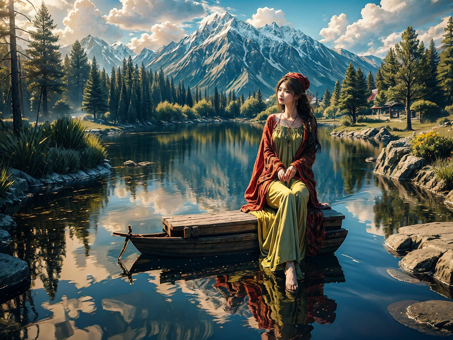 Peter Lik-styled, ultra-realistic and highly detailed pen and ink rendition of a young, hippie-fashioned woman, donned in a green-yellow-red Rastacap, deeply engaged in the act of smoking hookah by the tranquil lake after sundown, reminiscent of Vasnetsov's "Alyonushka". The focus shifts dramatically towards the mesmerizing reflection mirrored in the still water((masterpiece, highest quality, Highest image quality, High resolution, photorealistic, Raw photo, 8K)), , 