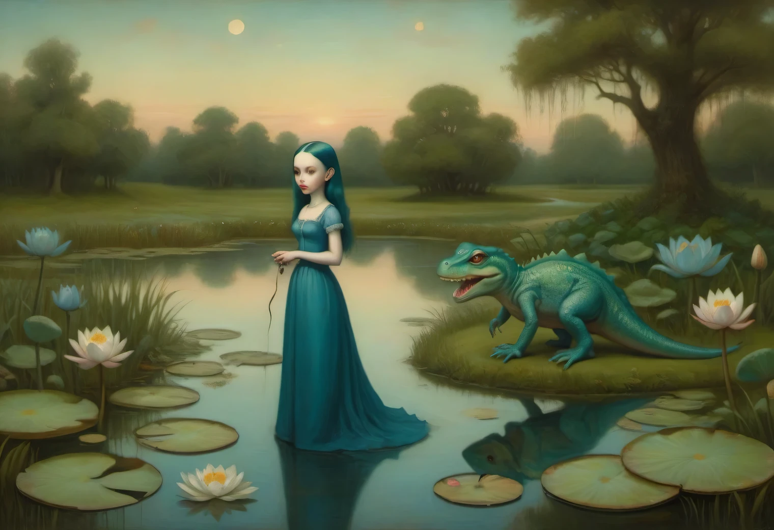 a painting on craft paper in the style of the artist Mark Ryden, a strange alien girl with long green hair in a blue dress walks a small dinosaur on a leash along the shore near the evening pond, the evening surface of the pond, water lilies and reeds, frogs on water lilies, a strange girl is shown in detail, evening pond, full compliance with the style of Mark Ryden, high definition, Mark Ryden Style page
