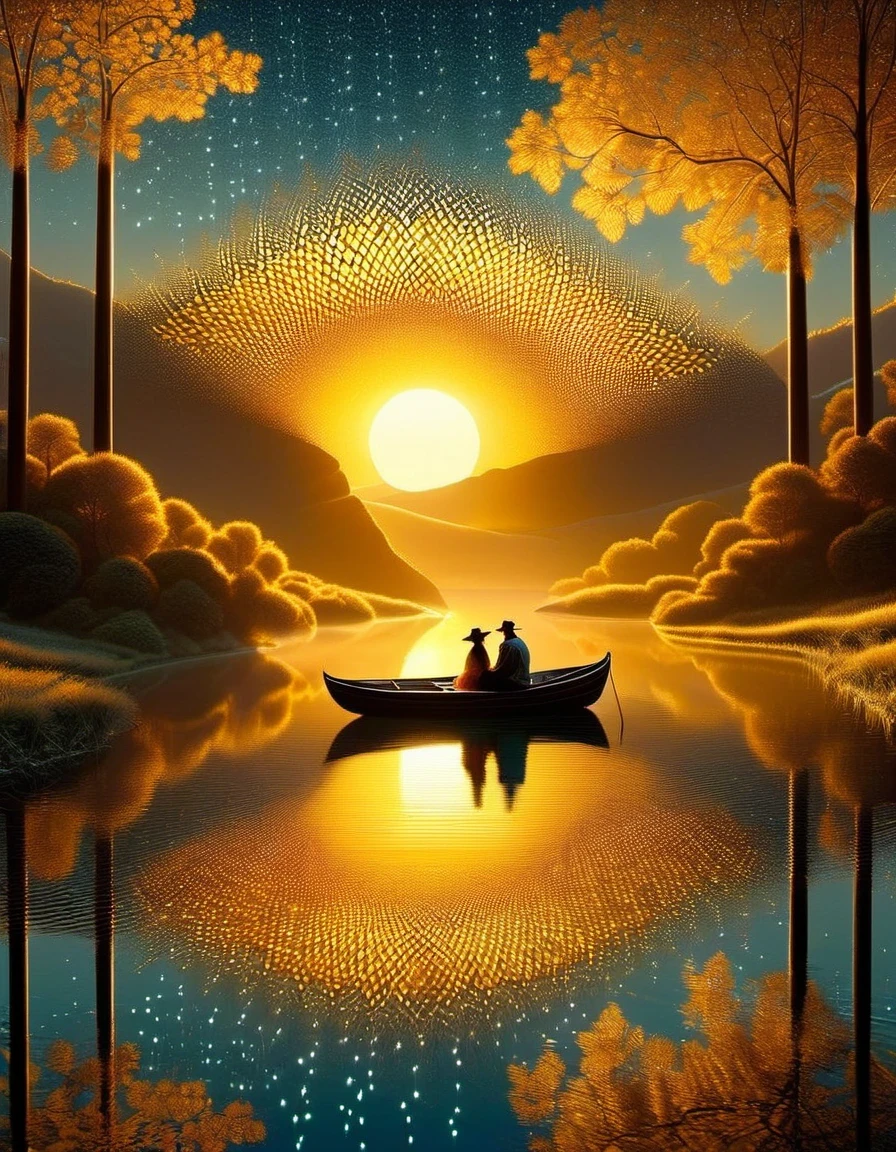 portrait art style of Golden Pond, Sunset, Sparkling, Couple's Inverse Light on Boat,a beautiful painting by Henri Rousseau,in the style of rolf armstrong: fractal,by Andrey Remnev,Tomer Hanuka,Surreal,Non-Fiction,Worldly,Retro,Laser-Cut,The picture is from Wong Kar-wai's work, by Paul Barson,by Petra Collins,by Mandy Disher,Reflective Atmosphere,Zen Atmosphere, Romantic Atmosphere,Unreal engine,octane render,Corona Render,high detail,hyper quality,high resolution,trending on artstation,HD,16K,depth of field (dof),Top view,dramatic lighting