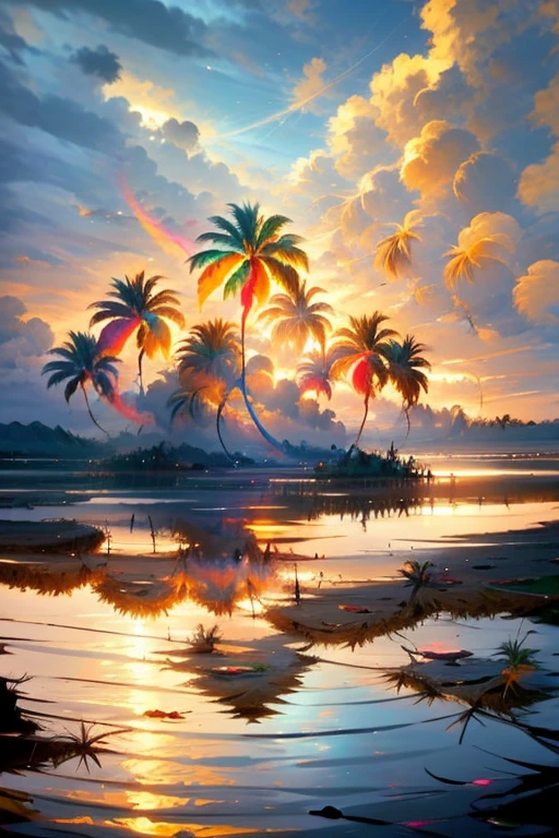 Colorful lakes, palm trees, rainbow clouds, phoenixes, ripples, sunsets, distant views, twilight, melancholy, compassion, landscapes, (many large colorful birds flying)